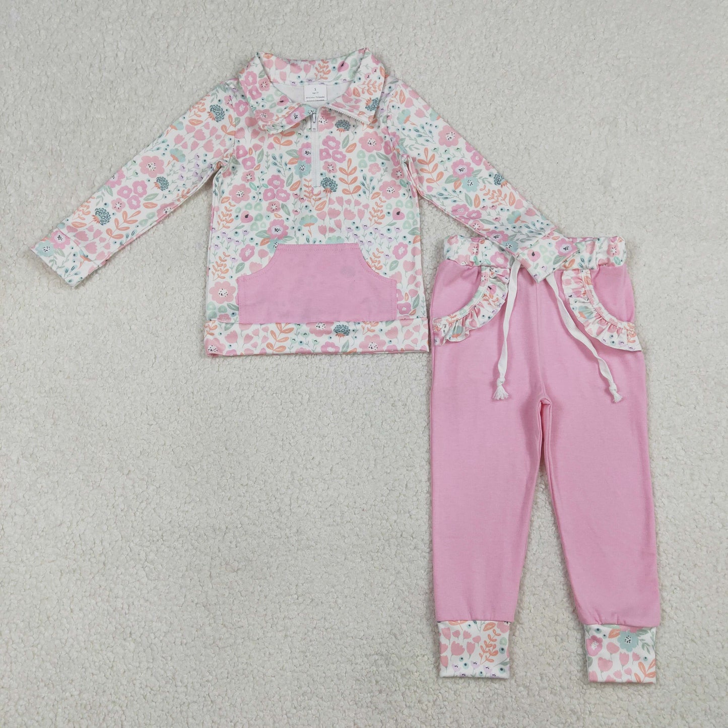 GLP3279 Baby Girls Pink Flowers Pockets Zipper Pullover Jogger Pants Clothes Sets