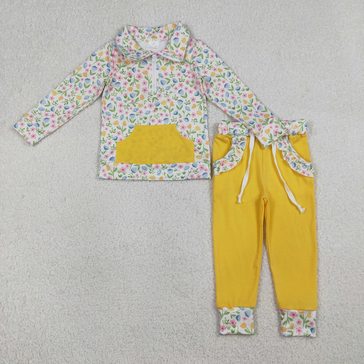 GLP3280 Baby Girls Yellow Flowers Pockets Zipper Pullover Jogger Pants Clothes Sets