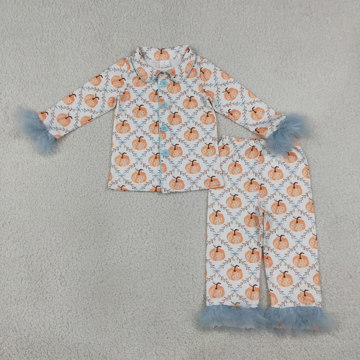 GLP3338 Baby Girls Flowers Pumpkins Button Top Pants Fall Fur Sleeve Pajamas Sets