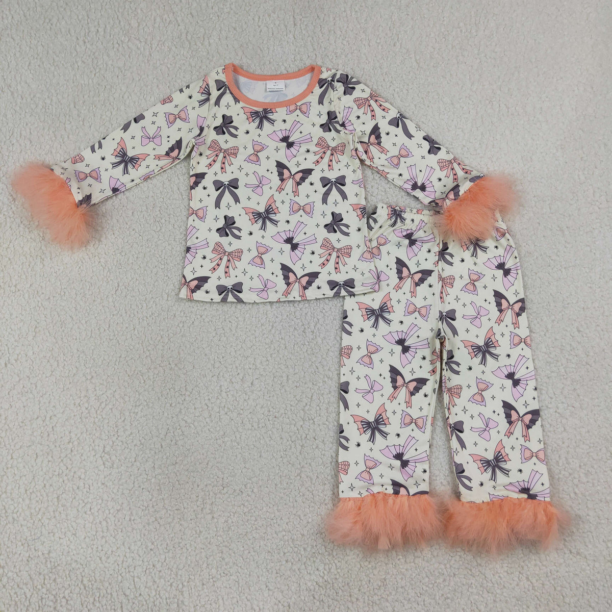 GLP3386 Baby Girls Spiders Bows Plaid Fur Sleeves Halloween Pajamas Set