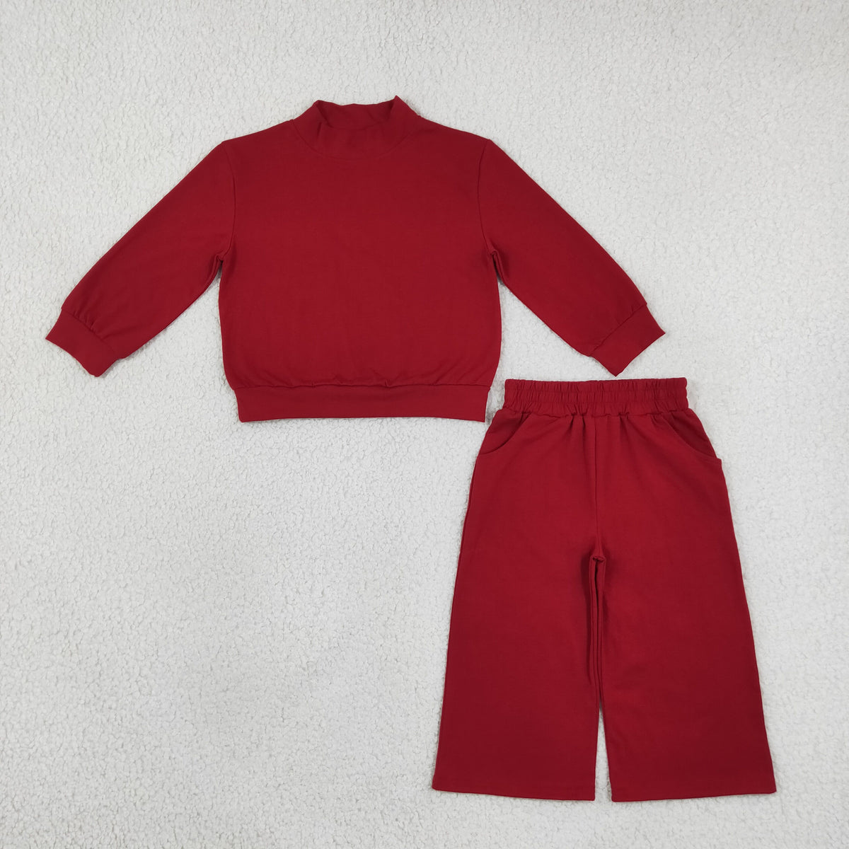 GLP3413 Baby Girls Maroon Long Sleeve Choker Top Pockets Flare Pant Cotton Clothes Sets