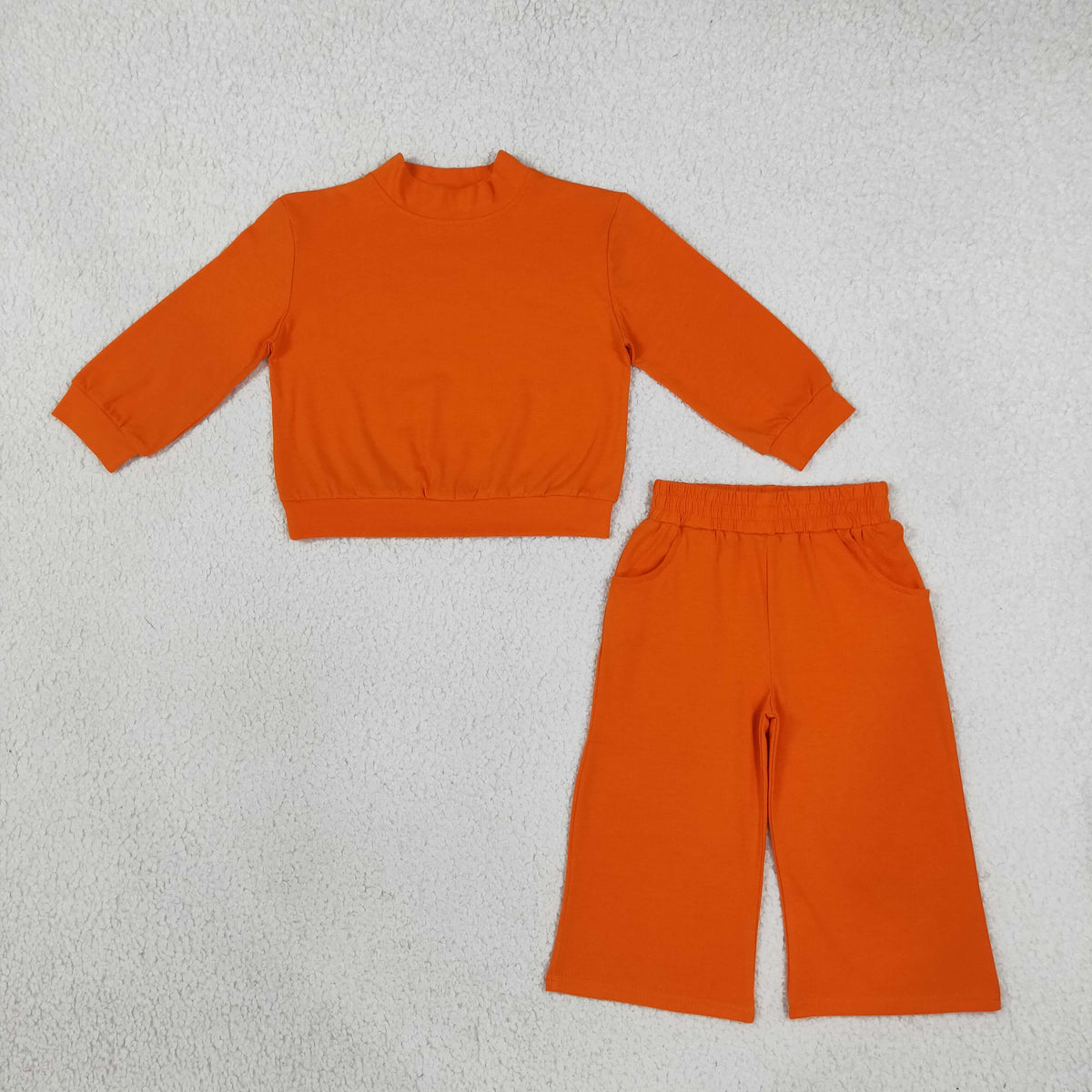 GLP3414 Baby Girls Orange Long Sleeve Choker Top Pockets Flare Pant Cotton Clothes Sets