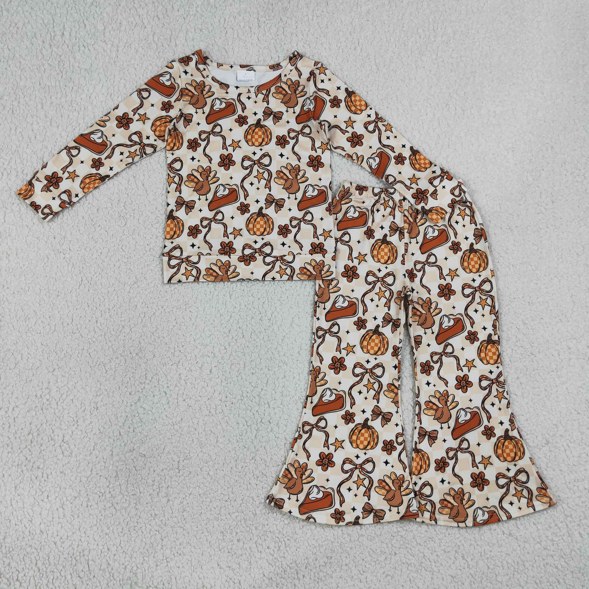 GLP3420 Baby Girls Bows Turkey Pumpkins Top Flare Pant Thanksgivings Clothes Sets