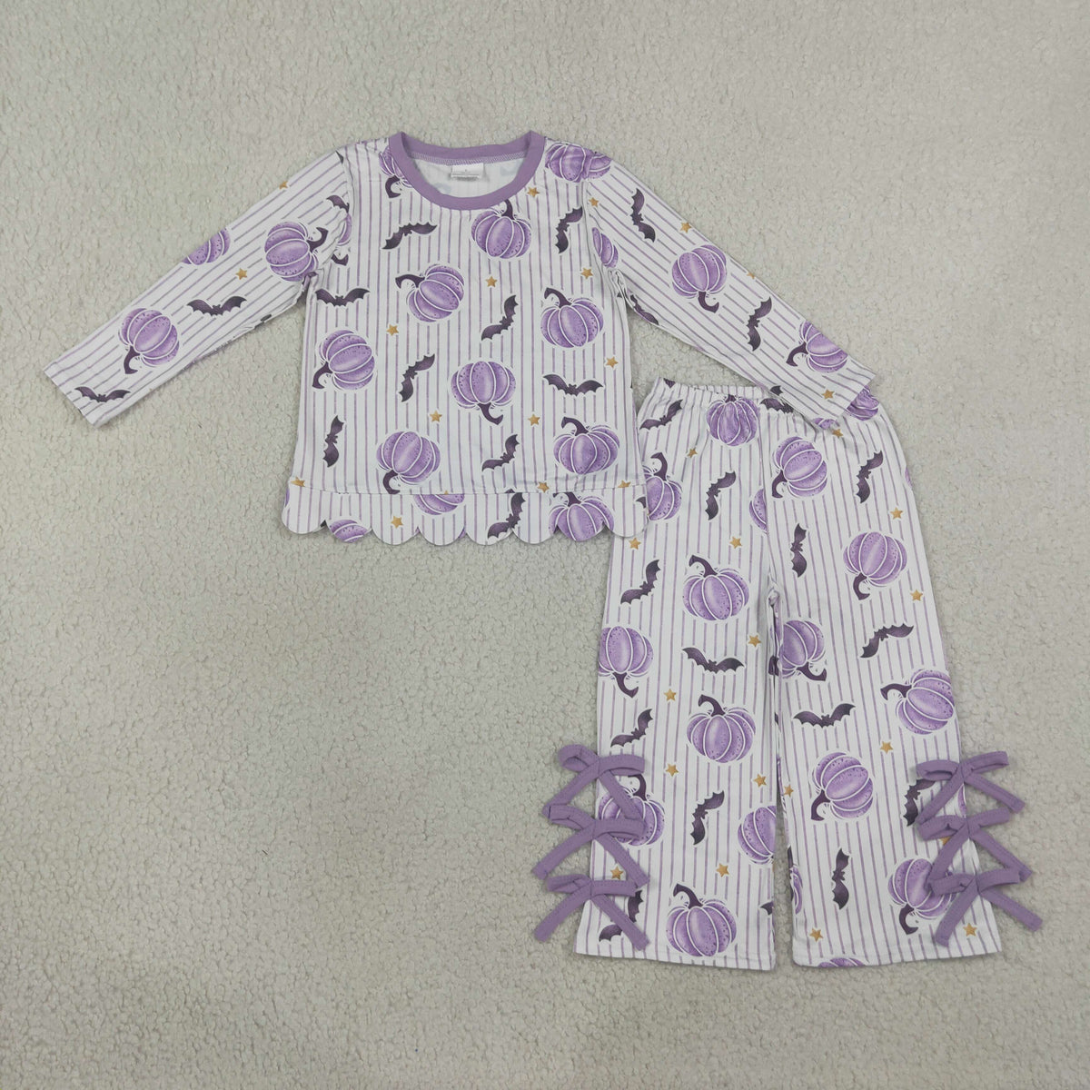 GLP3438 Baby Girls Bats Pumpkins Scallop Top Bows Flare Pant Halloween Clothes Set