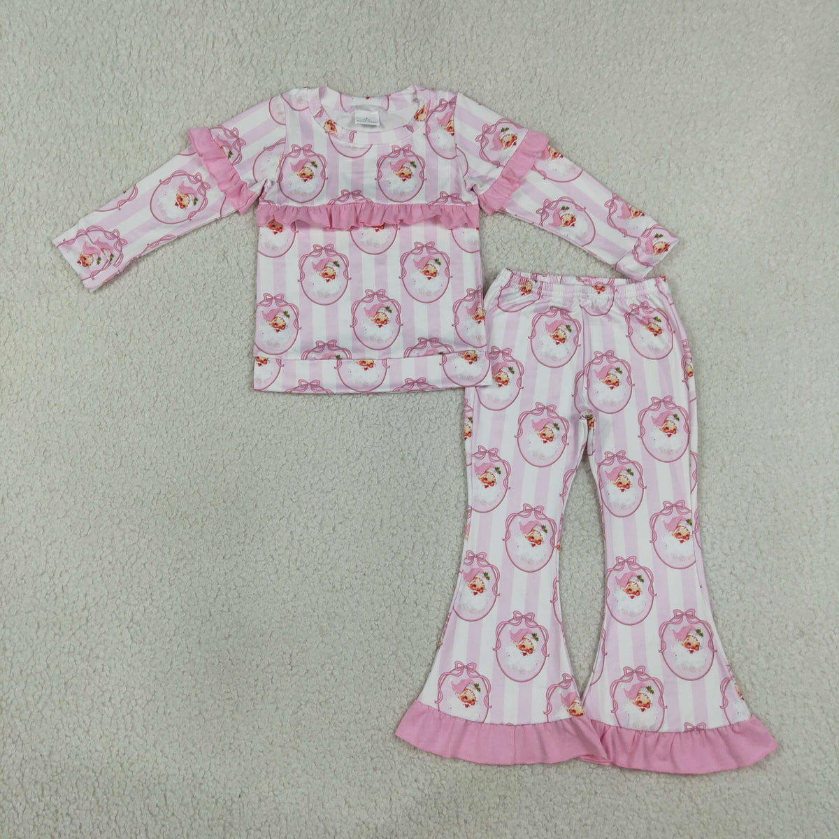 GLP3450 Baby Girls Pink Stripe Bows Santa Top Ruffle Flare Pant Christmas Clothes Sets