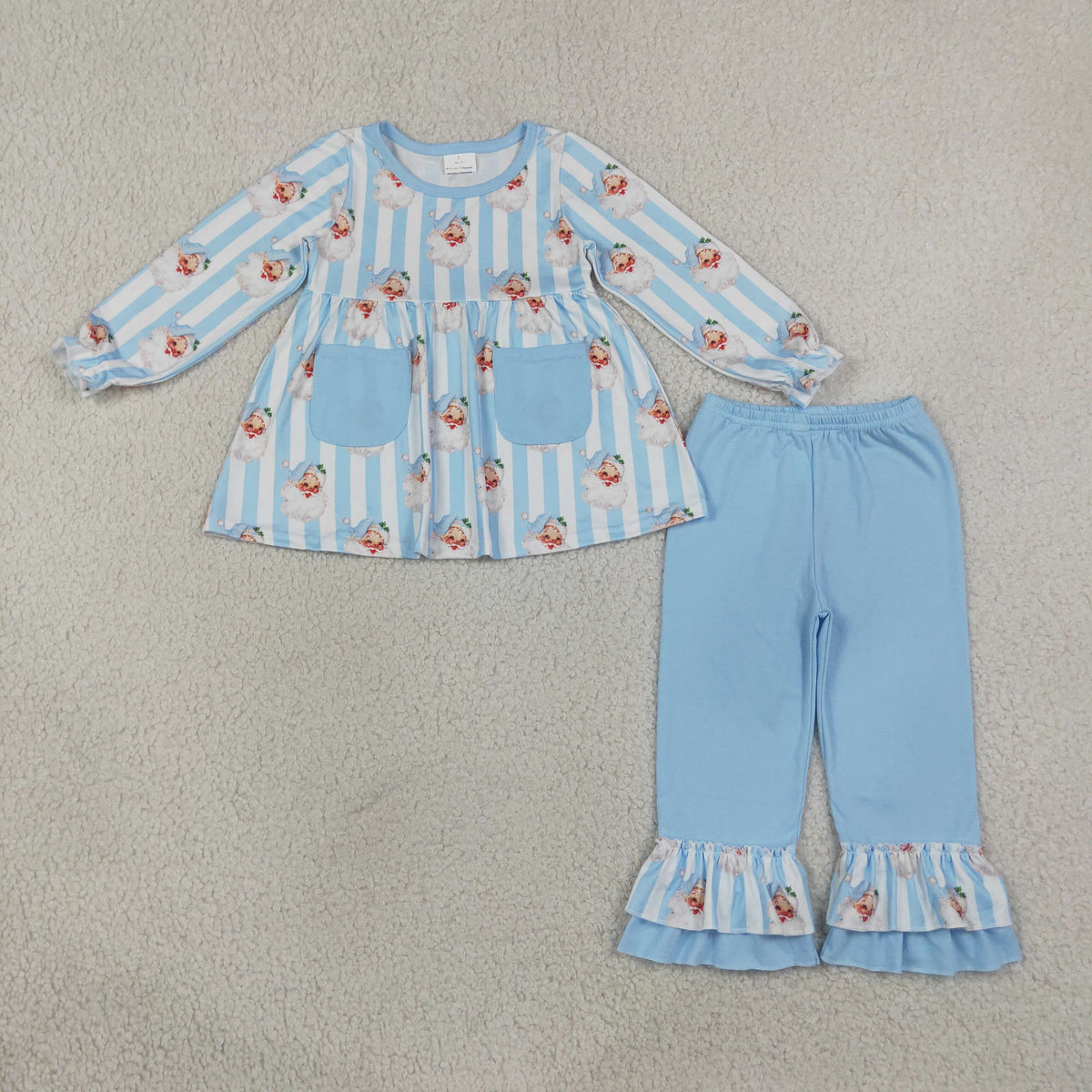 GLP3455 Baby Girls Blue Stripe Santa Pockets Tunic Ruffle Pant Christmas Clothes Set
