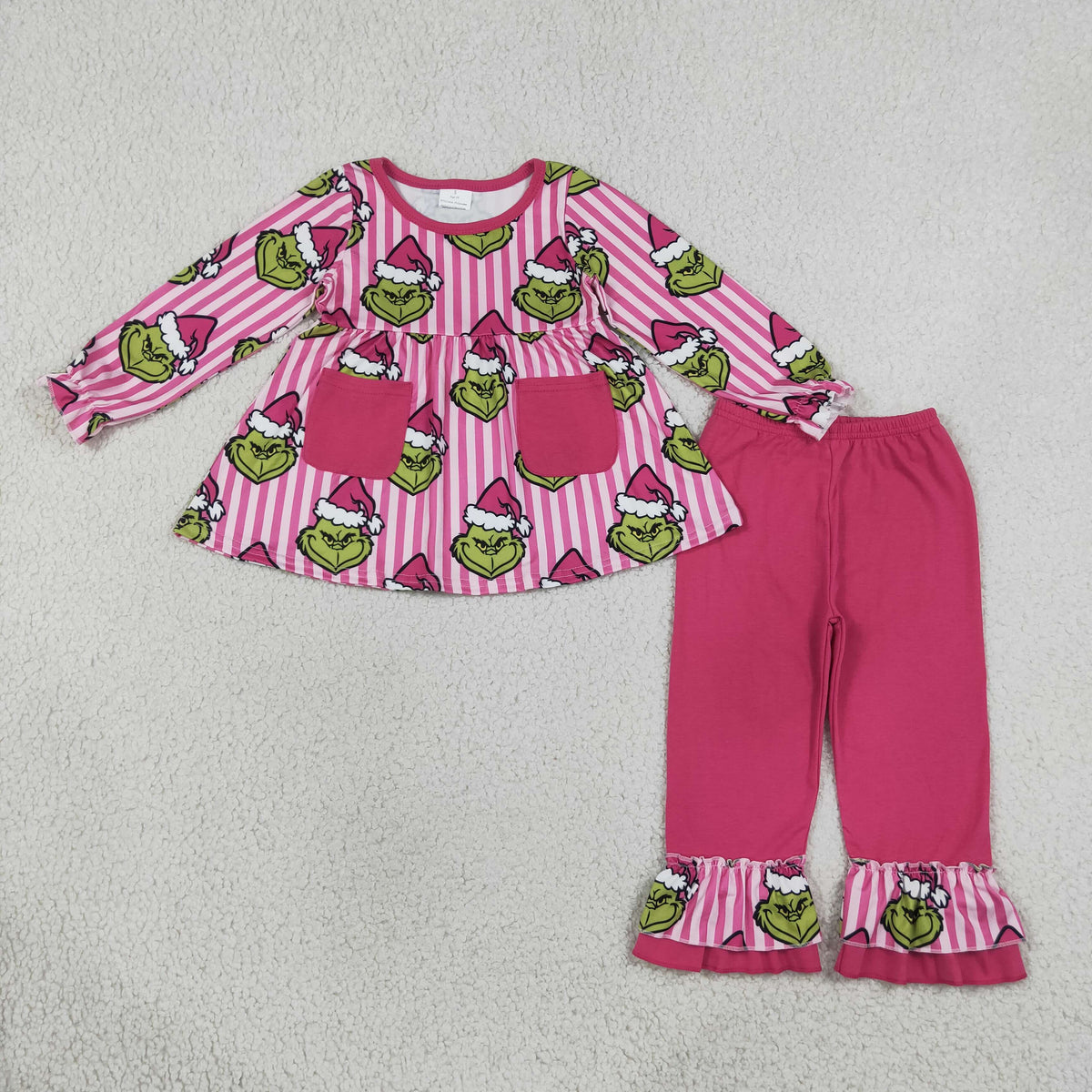 GLP3458 Baby Girls Frogs Pink Stripe Pockets Tunic Ruffle Pant Christmas Clothes Set