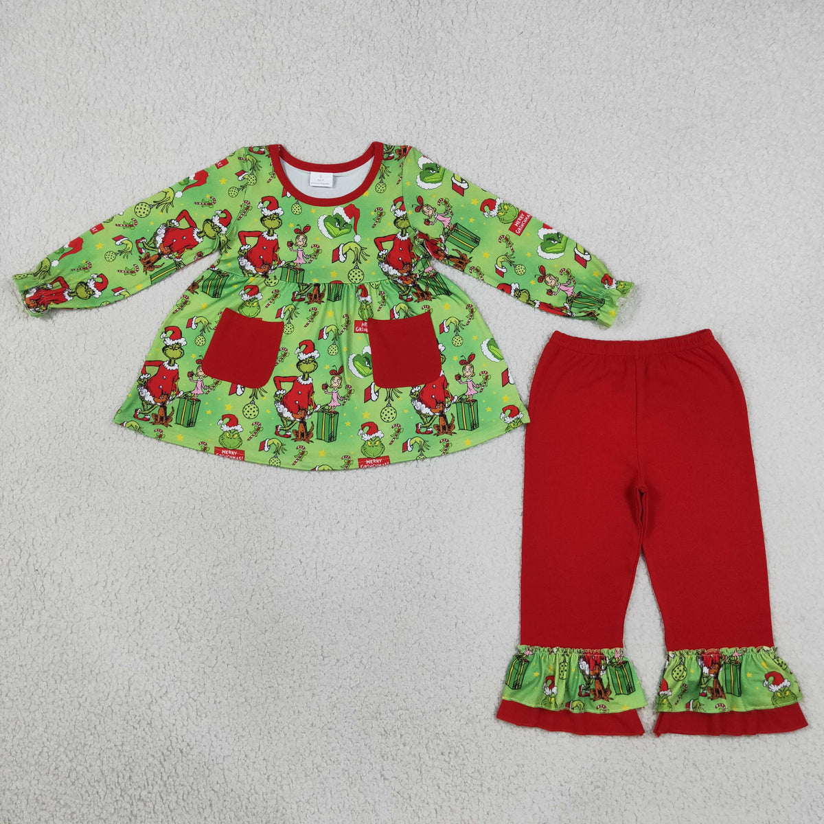 GLP3459 Baby Girls Green Frogs Gifts Pockets Tunic Ruffle Pant Christmas Clothes Set