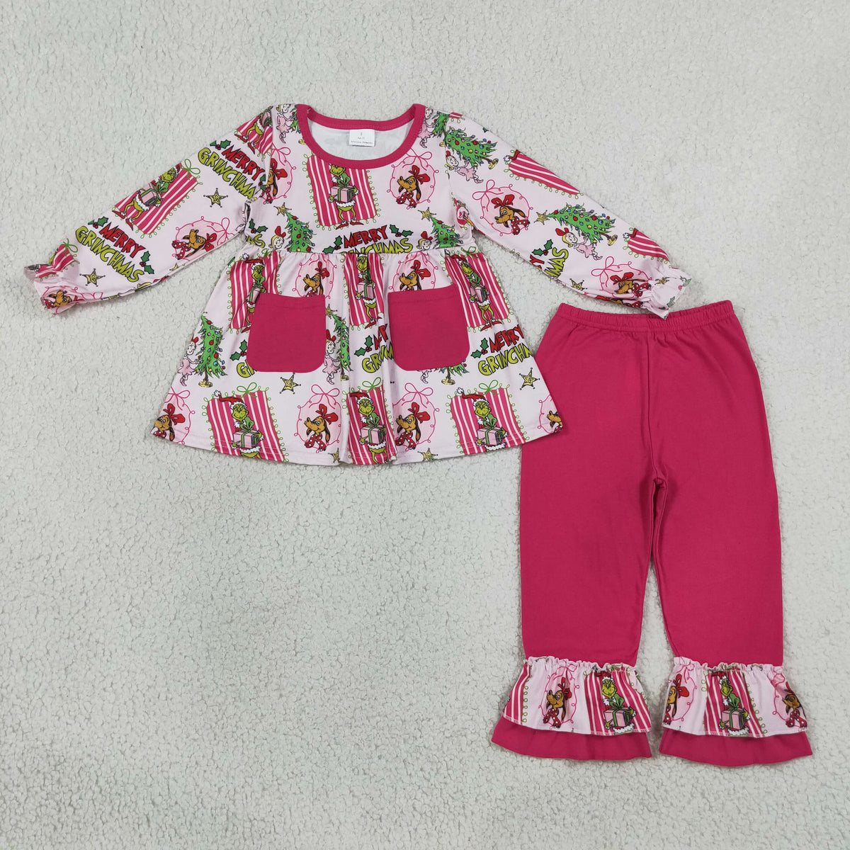 GLP3461 Baby Girls Trees Frogs Dogs Pockets Tunic Ruffle Pant Christmas Clothes Set