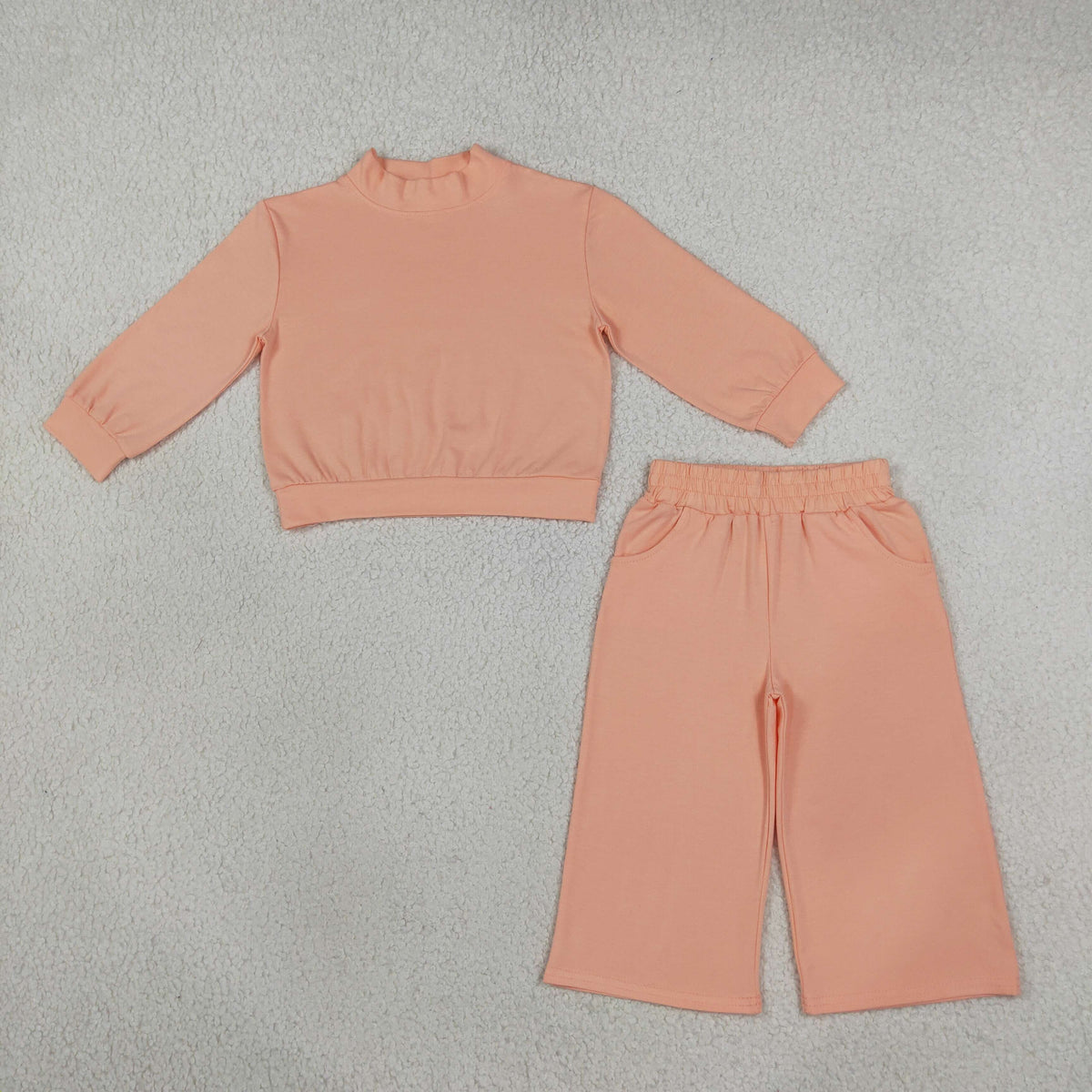GLP3471 Baby Girls Peach Long Sleeve Choker Top Pockets Flare Pant Cotton Clothes Sets