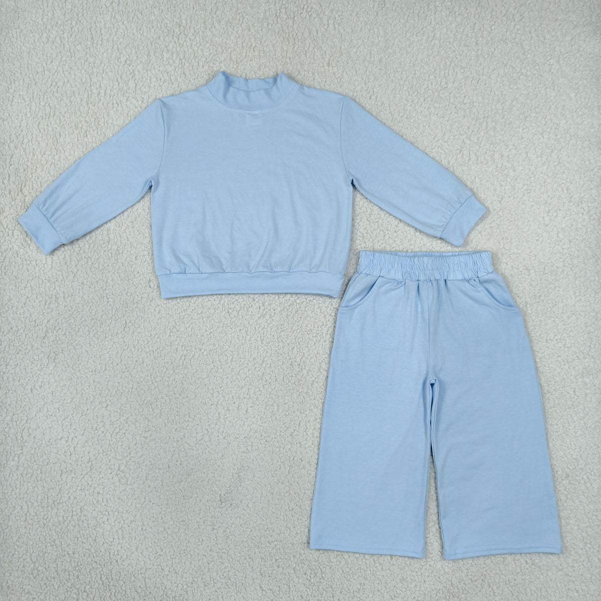 GLP3472 Baby Girls Blue Long Sleeve Choker Top Pockets Flare Pant Cotton Clothes Sets
