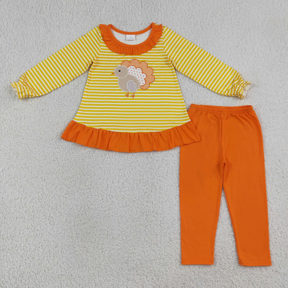 GLP3493 Baby Girls Embroidery Turkey Orange Stripe Ruffle Tunic Leggings Thanksgivings Set