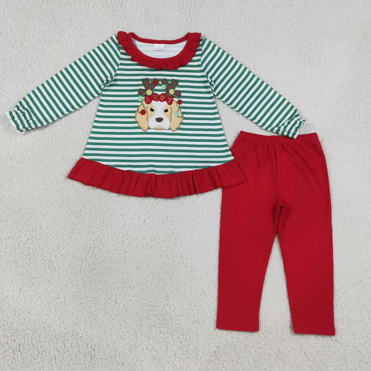 GLP3494 Baby Girls Embroidery Dogs Lights Green Stripe Ruffle Tunic Leggings Christmas Set