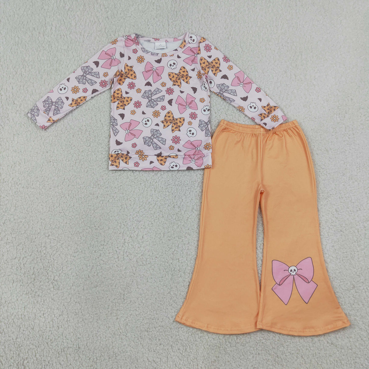 GLP3536 Baby Girls Long Sleeve Ghost Bows Flowers Top Flare Pant Halloween Clothes Set