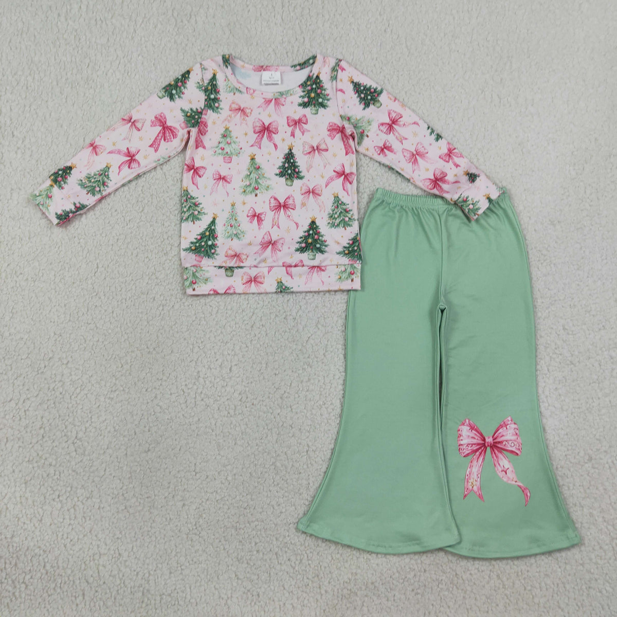 GLP3539 Baby Girls Long Sleeve Trees Bows Top Flare Pant Christmas Clothes Set