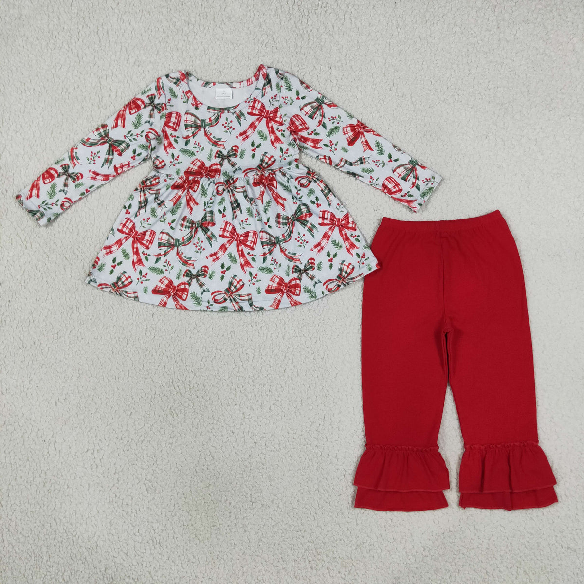 Sibling Baby Girls Green Red Checked Bows Holly Tunic Ruffle Christmas Clothes Set Dresses