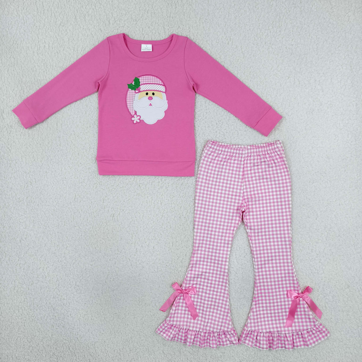 GLP3561 Baby Girls Embroidery Santa Top Pink Checked Ruffle Flare Pant Christmas Clothes Set