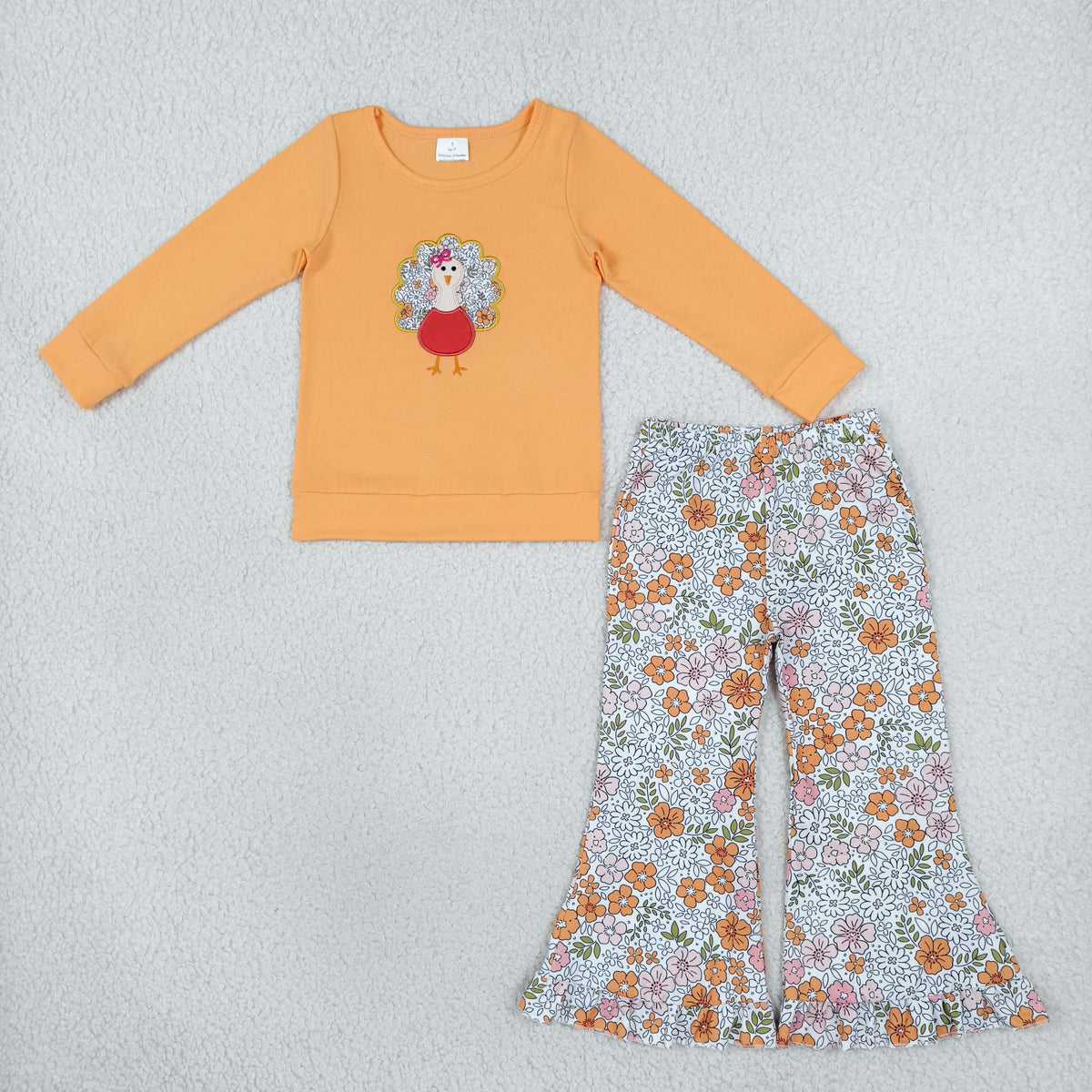 GLP3563 Baby Girls Embroidery Flowers Turkey Top Ruffle Flare Pant Thanksgivings Set