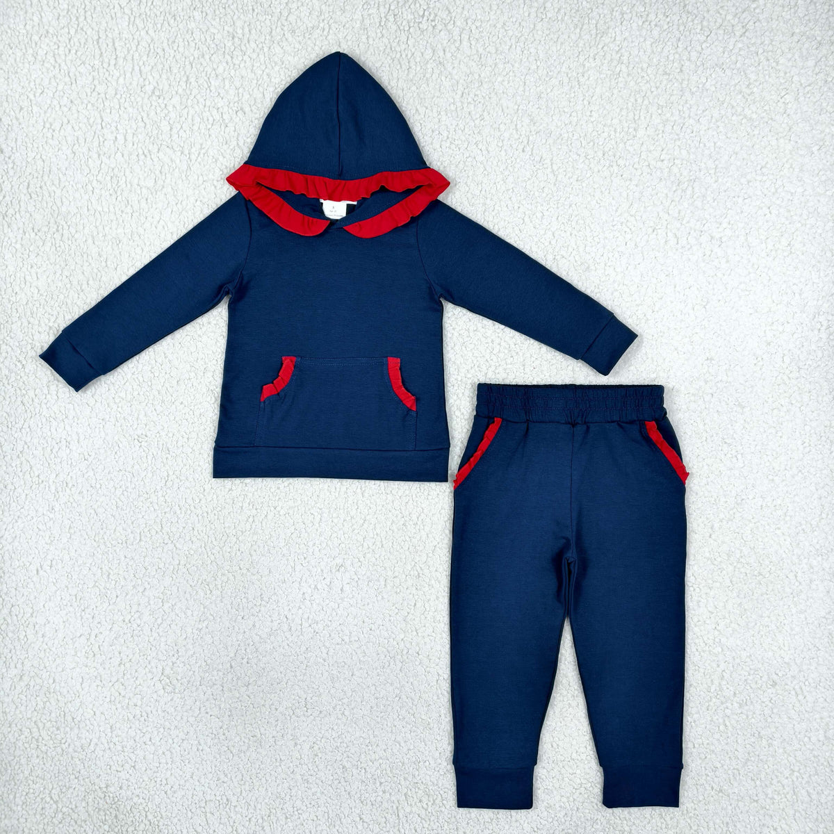 GLP3564 Baby Girls Navy Red Pockets Ruffle Hoodies Jogger Pants Cotton Clothes Set