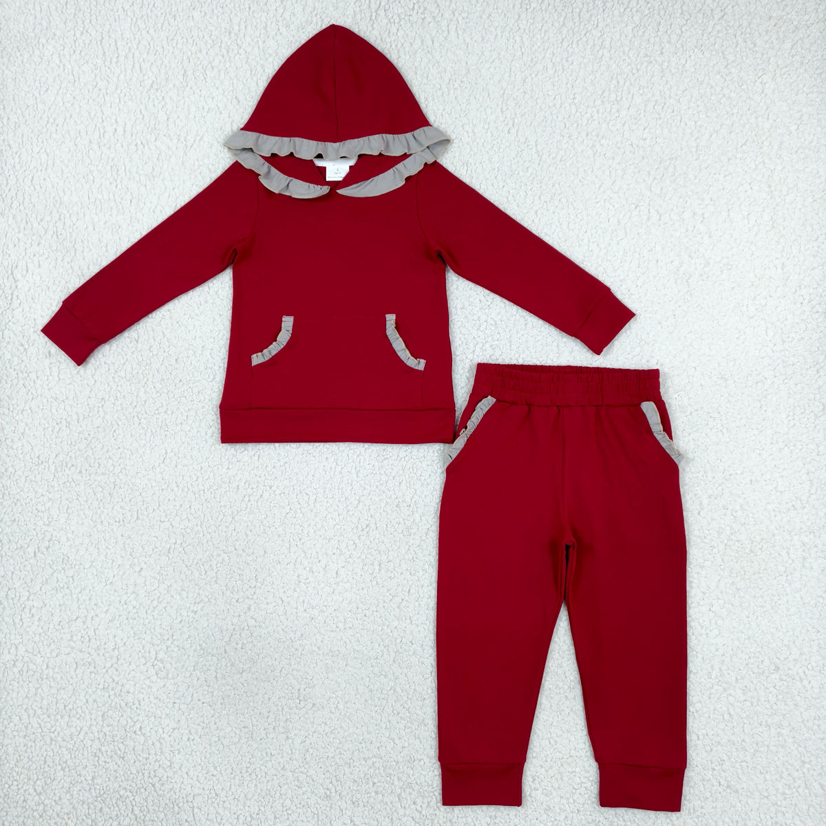 GLP3565 Baby Girls Maroon Grey Pockets Ruffle Hoodies Jogger Pants Cotton Clothes Set