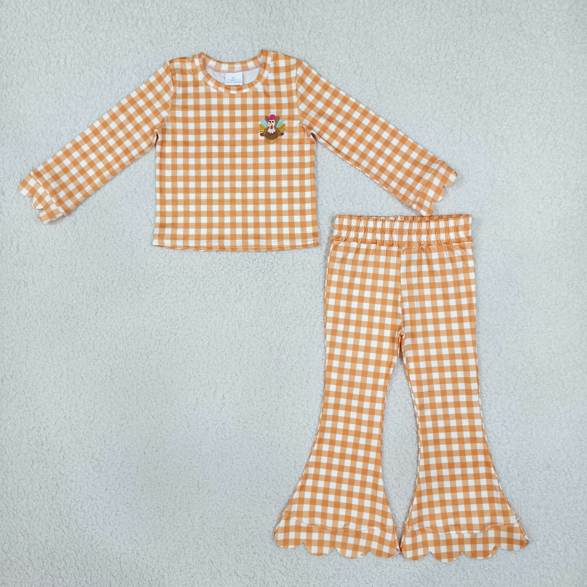 GLP3588 Baby Girls Orange Checked Embroidery Turkey Top Scallop Bell Bottom Thanksgivings Set