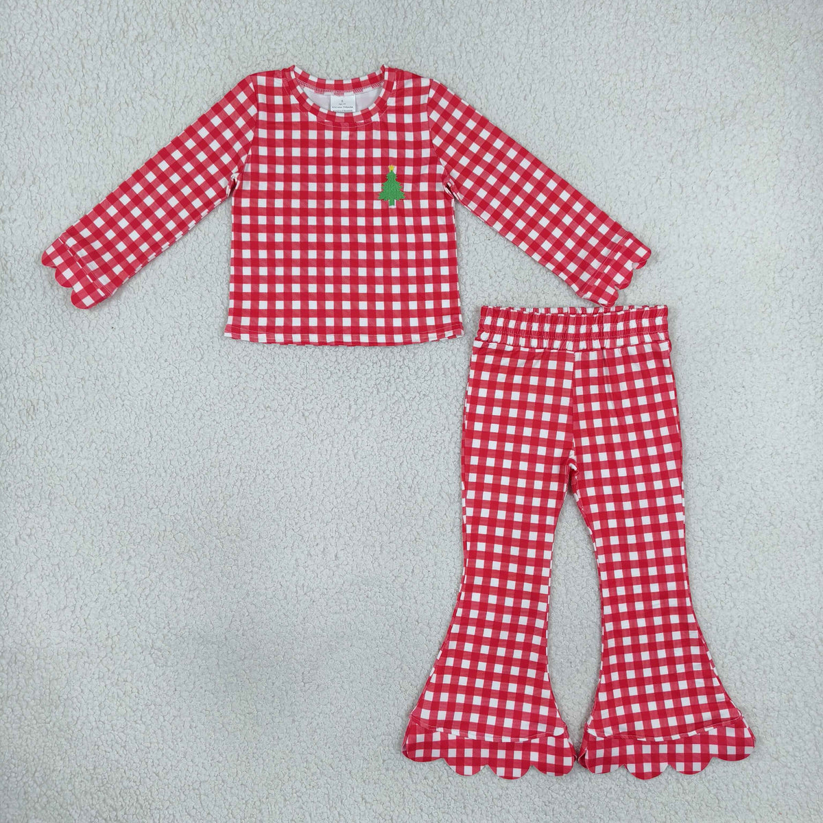 GLP3590 Baby Girls Red Checked Embroidery Tree Top Scallop Bell Bottom Christmas Set