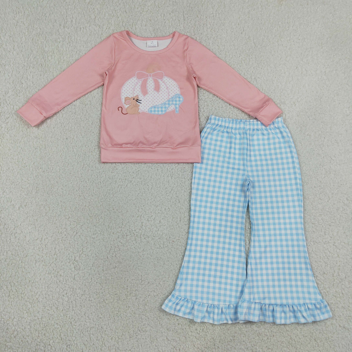 GLP3598 Baby Girls Mouse Pumpkins Top Blue Checked Ruffle Flare Pant Fall Clothes Set
