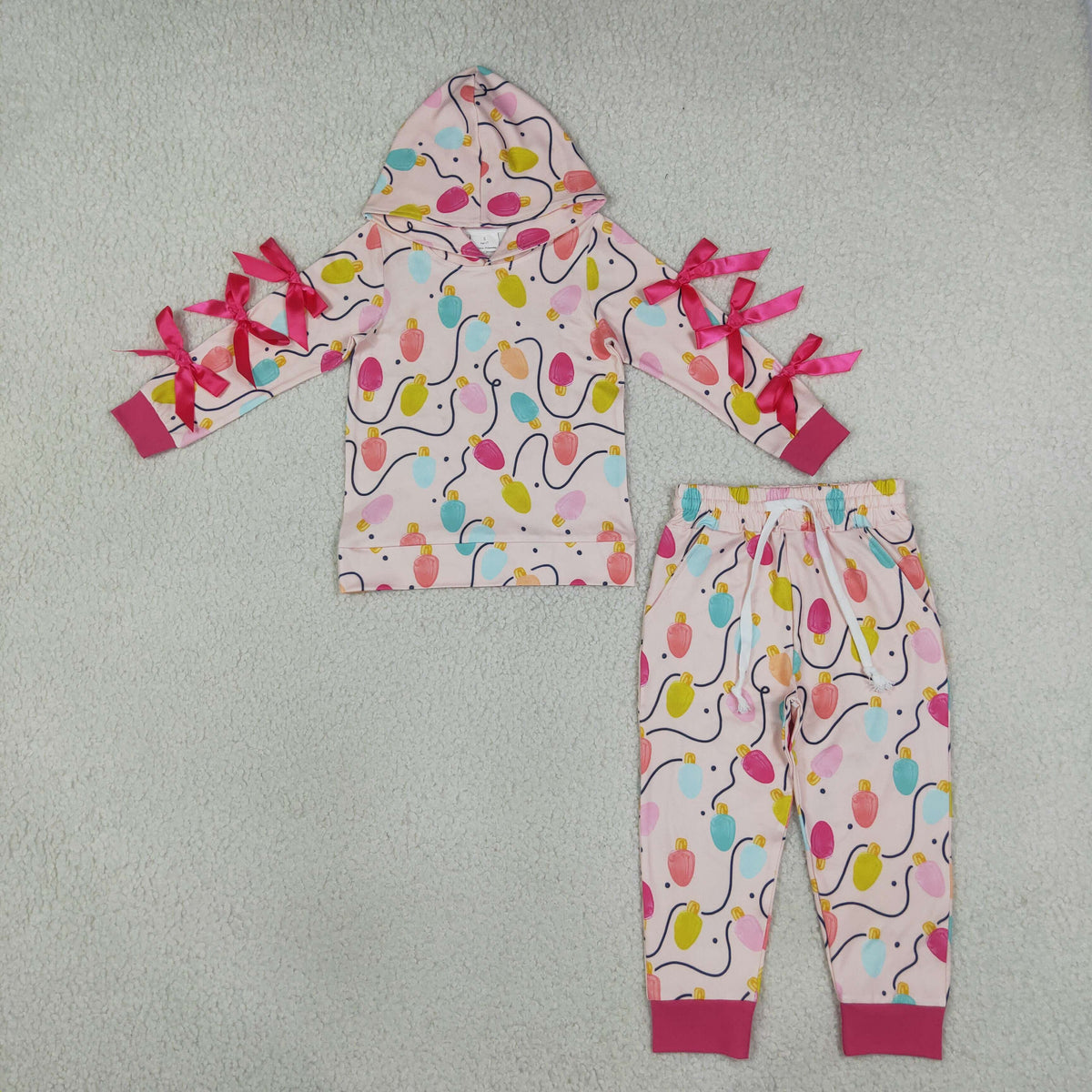 GLP3613 Baby Girls Colorful Lights Bows Hoodie Pockets Joggers Christmas Clothes Set