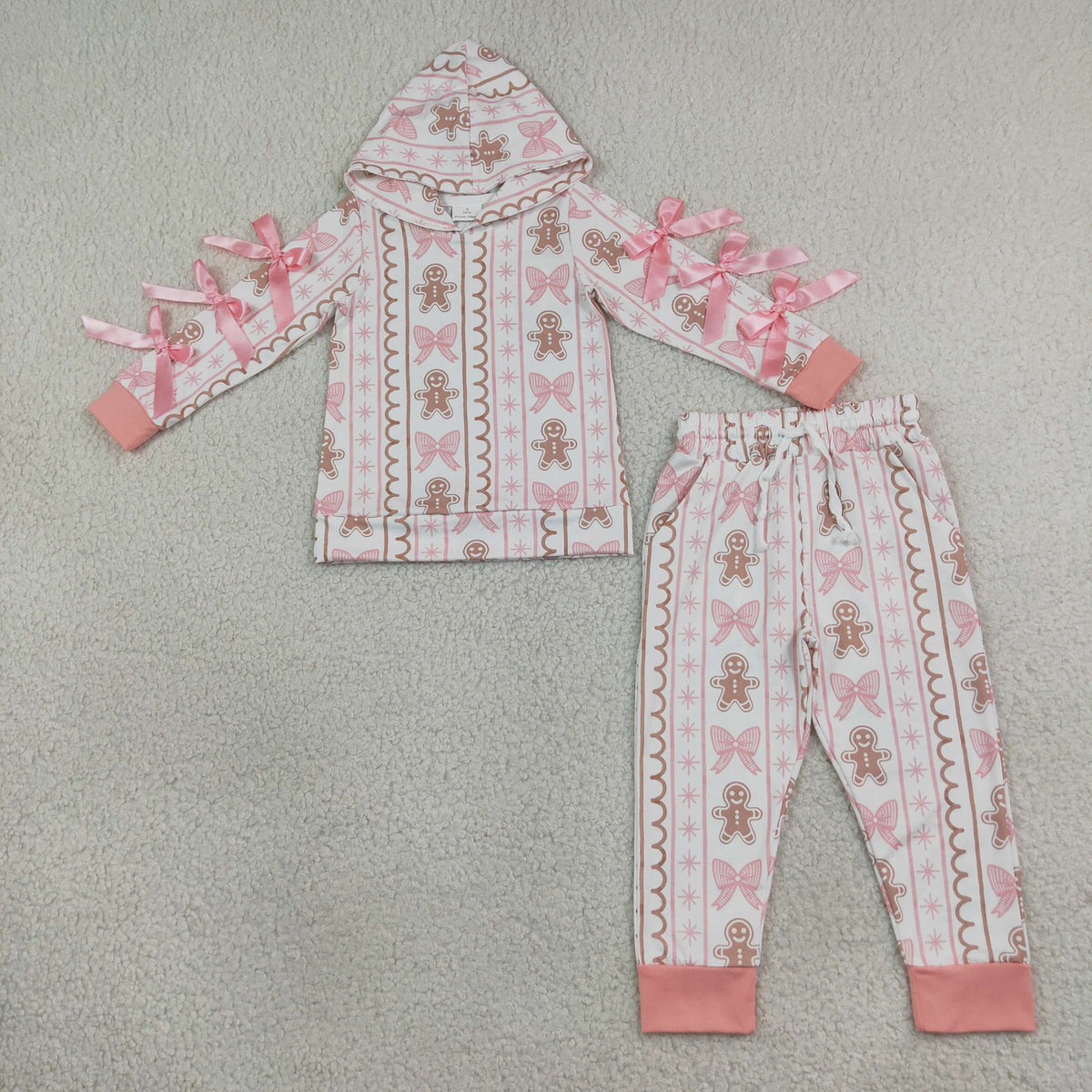 GLP3614 Baby Girls Gingerbread Bows Hoodie Pockets Joggers Christmas Clothes Set
