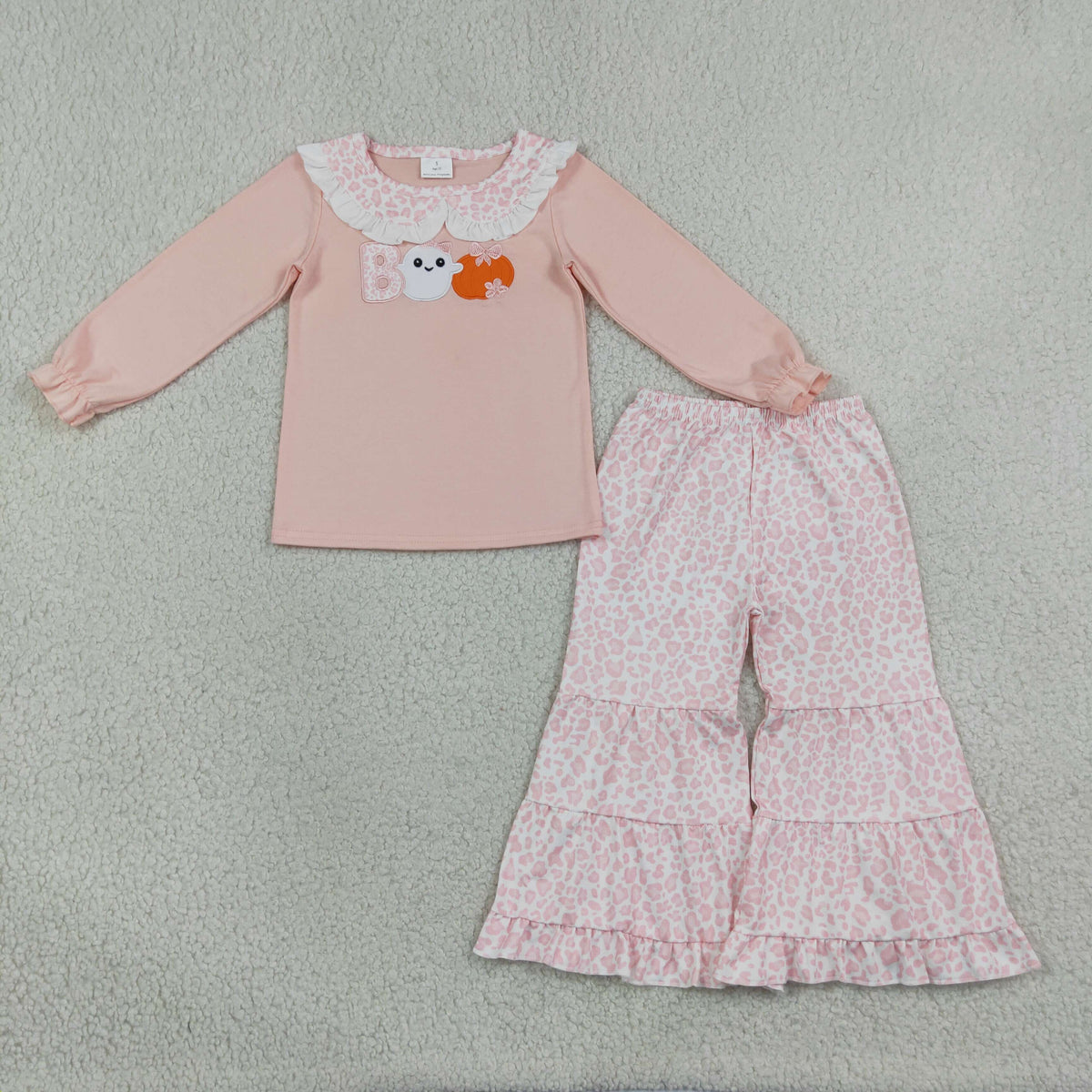 GLP3630 Baby Girls Embroidery BOO Ghost Pumpkin Top Leopard Flare Pant Halloween Set