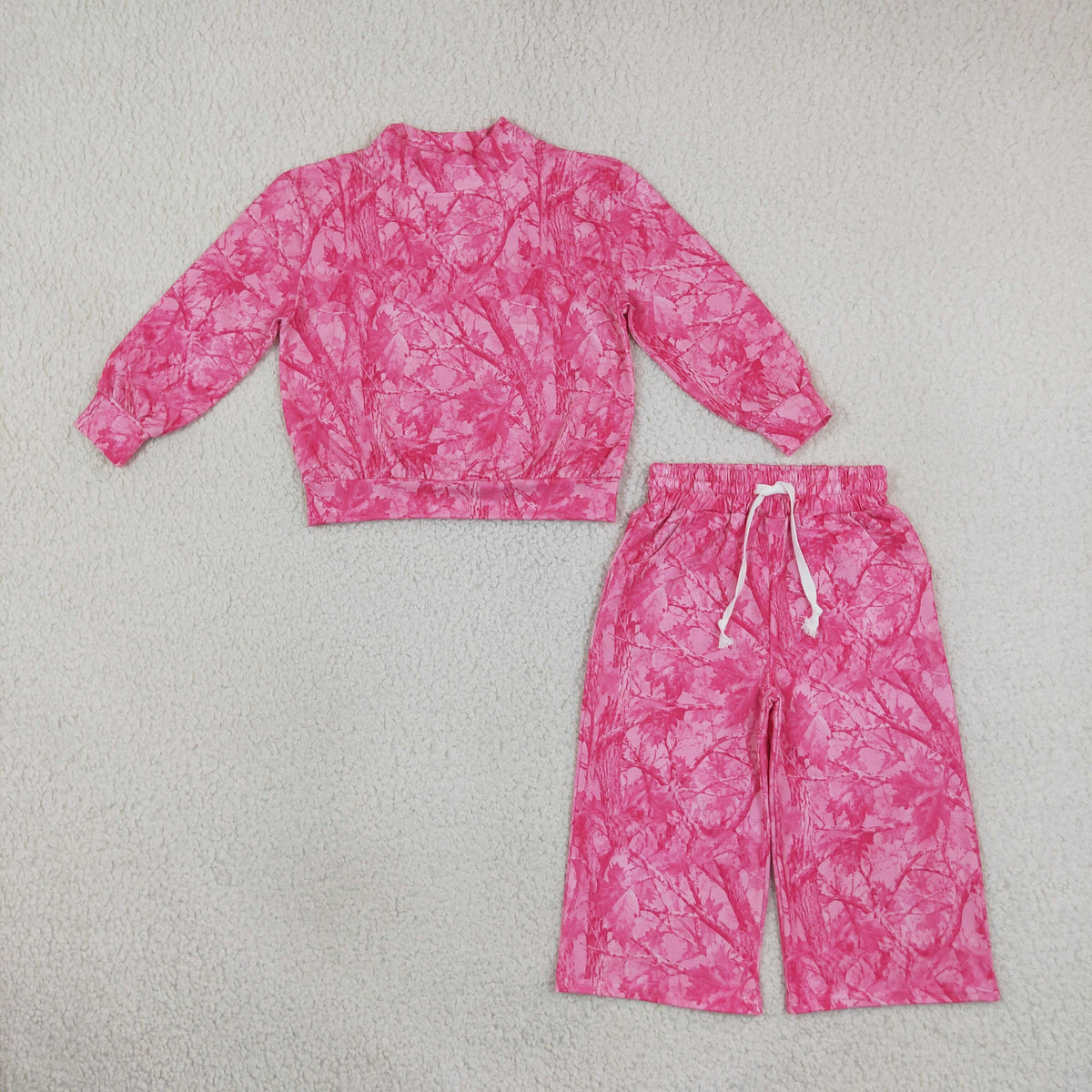 GLP3650 Baby Girls Pink Leaves Camo Choker Top Pockets Flare Pant Clothes Set