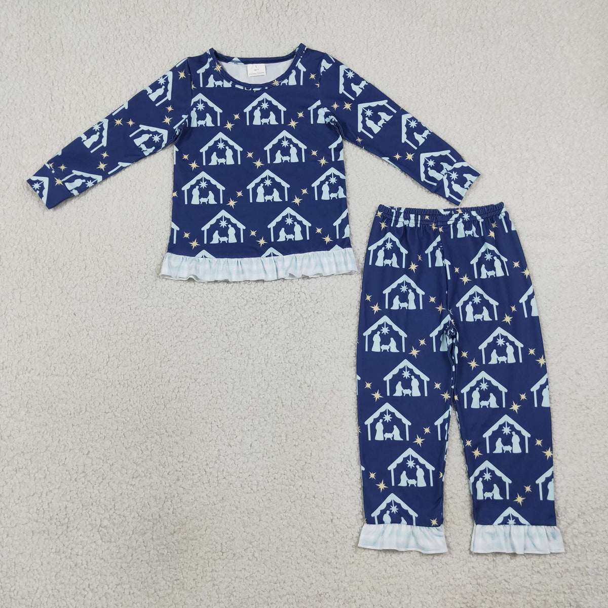 GLP3659 Baby Girls Stars Navitity Top Ruffle Pant Pajamas Clothes Set