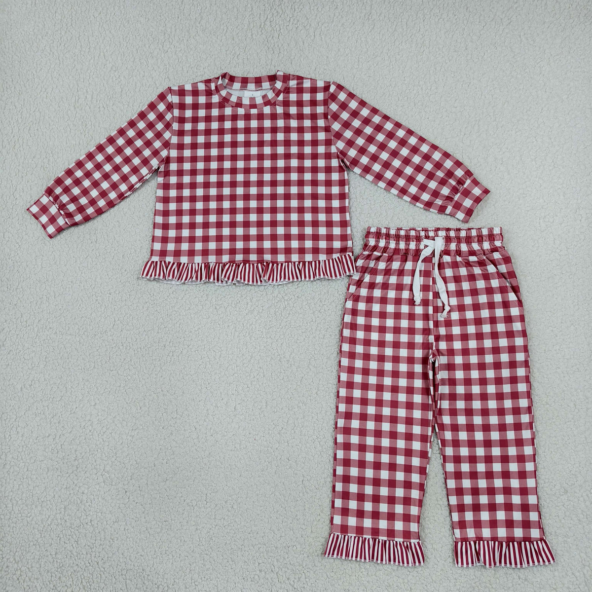 GLP3675 Baby Girls Red Checked Top Pockets Ruffle Pant Clothes Set