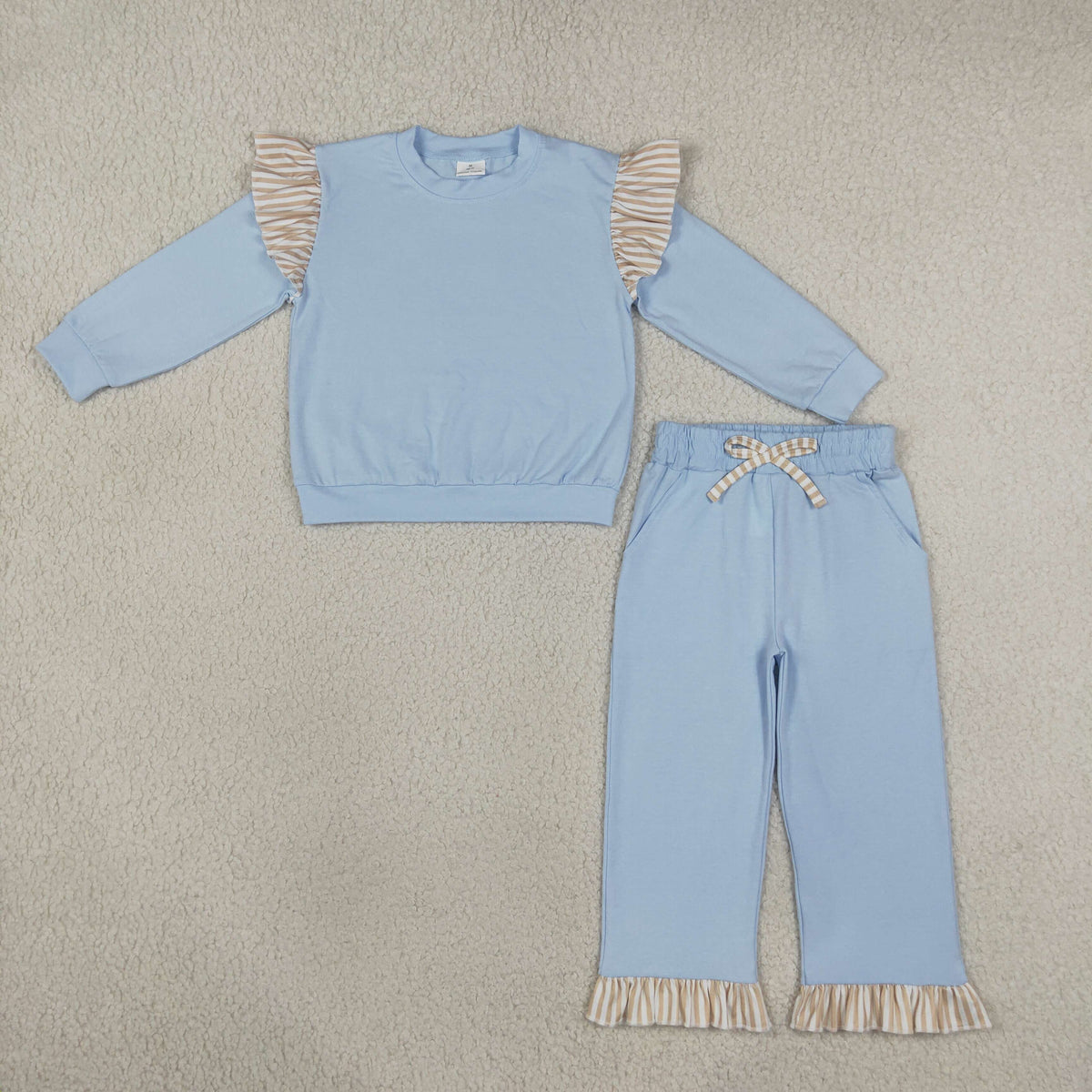 GLP3696 Baby Girls Blue Khaki Stripe Flutter Sleeve Top Pockets Ruffle Pant Clothes Set