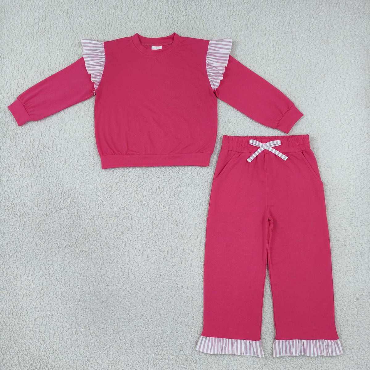 GLP3701 Baby Girls Hot Pink Stripe Flutter Sleeve Top Pockets Ruffle Pant Clothes Set