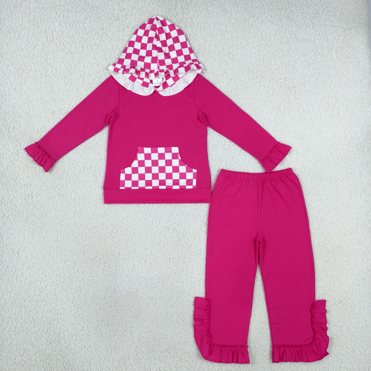 GLP3709 Baby Girls Hot Pink Checked Pockets Ruffle Hoodies Ruffle Pants Cotton Clothes Set