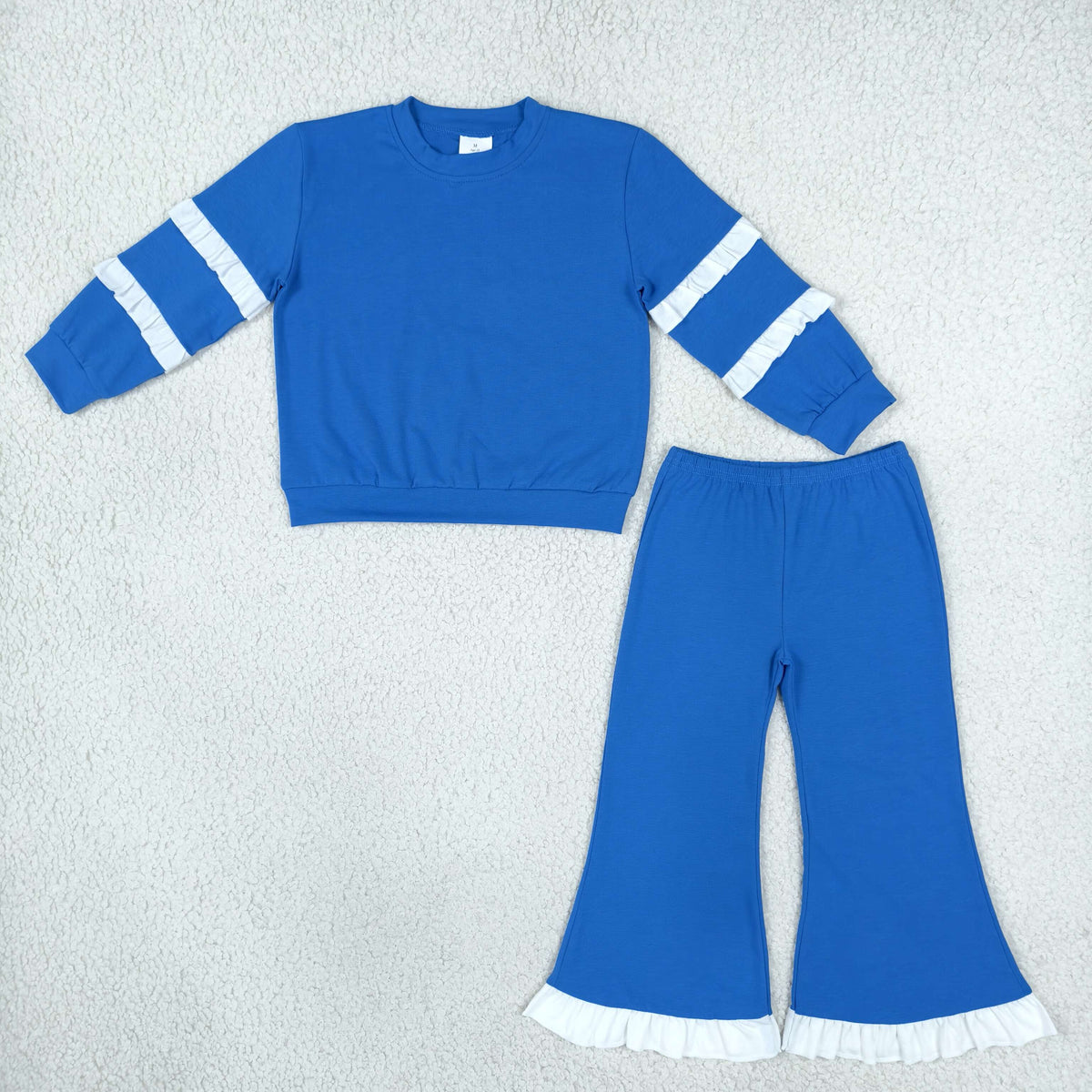 GLP3719 Baby Girls Blue White Long Sleeve Shirt Top Ruffle Flare Pant Cooton Clothes Sets