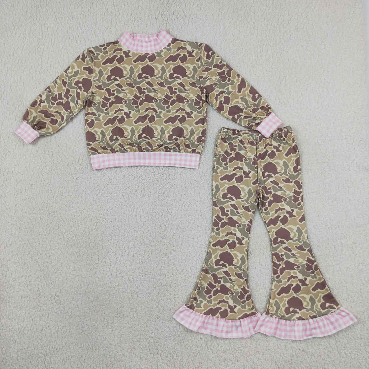 GLP3735 Baby Girls Pink Khaki Camo Choker Top Ruffle Flare Pant Clothes Set