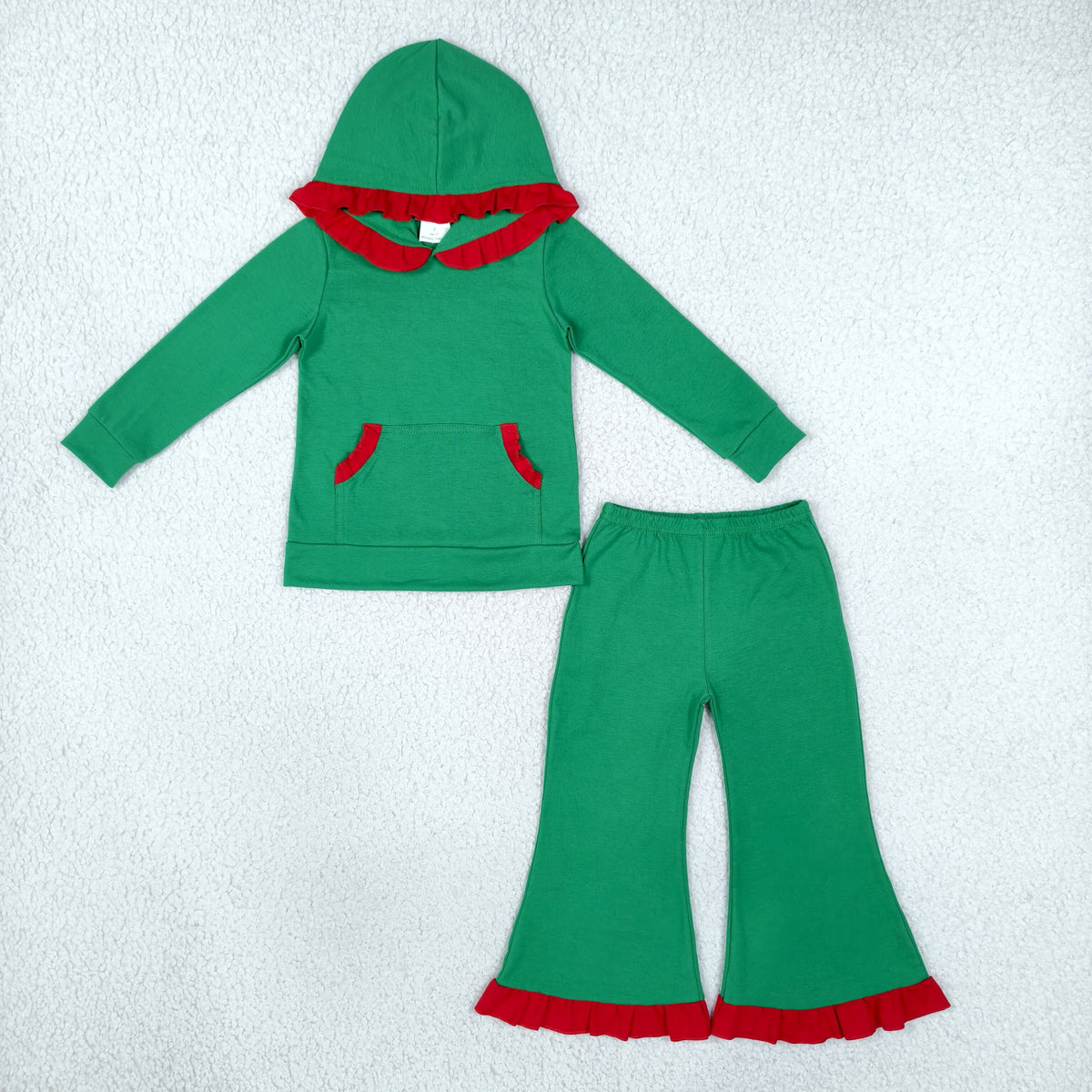 GLP3752 Baby Girls Long Sleeve Green Pockets Ruffle Hoodies Flare Pant Clothes Set
