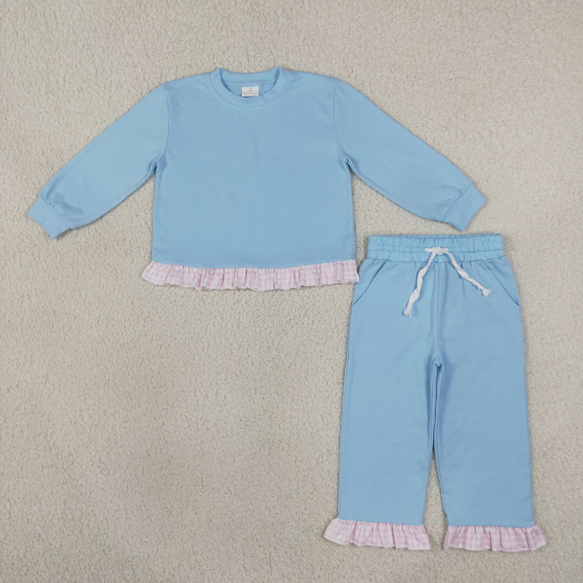 GLP3753 Baby Girls Blue Slouchy Top Pockets Ruffle Pant Cotton Clothes Set
