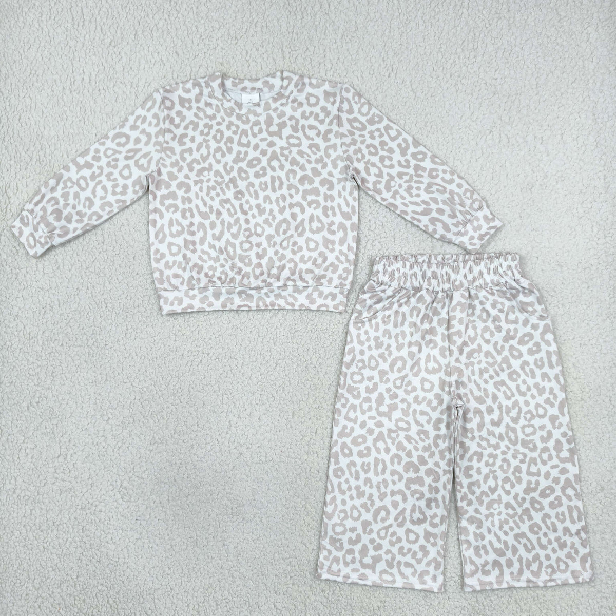 GLP3778 Baby Girls Long Sleeve Beige Leopard Top Pockets Flare Pant Clothes Sets