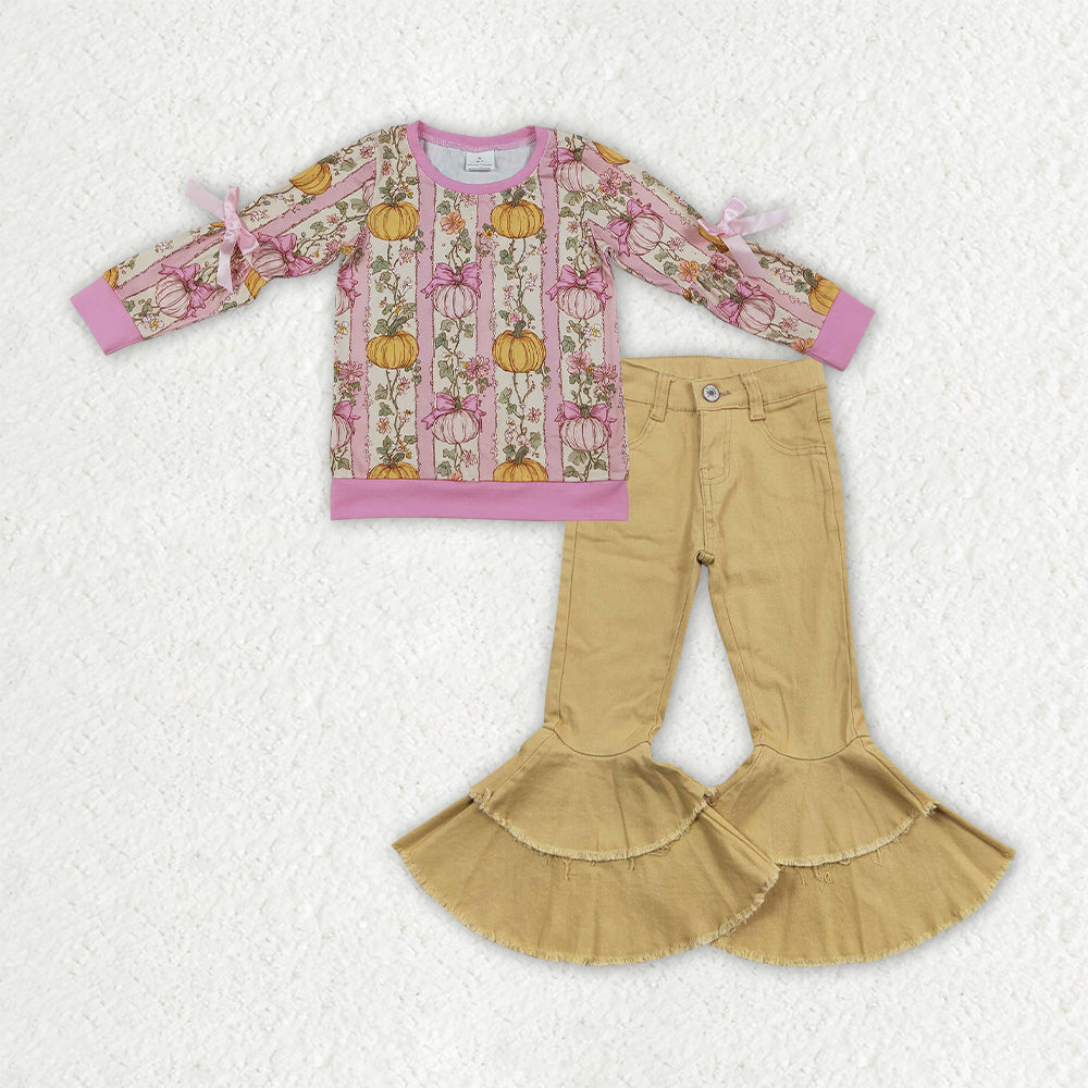 Baby Girls Flowers Pumpkins Bows Shirts Khaki Denim Bell Bottom Pants Fall Clothes Sets