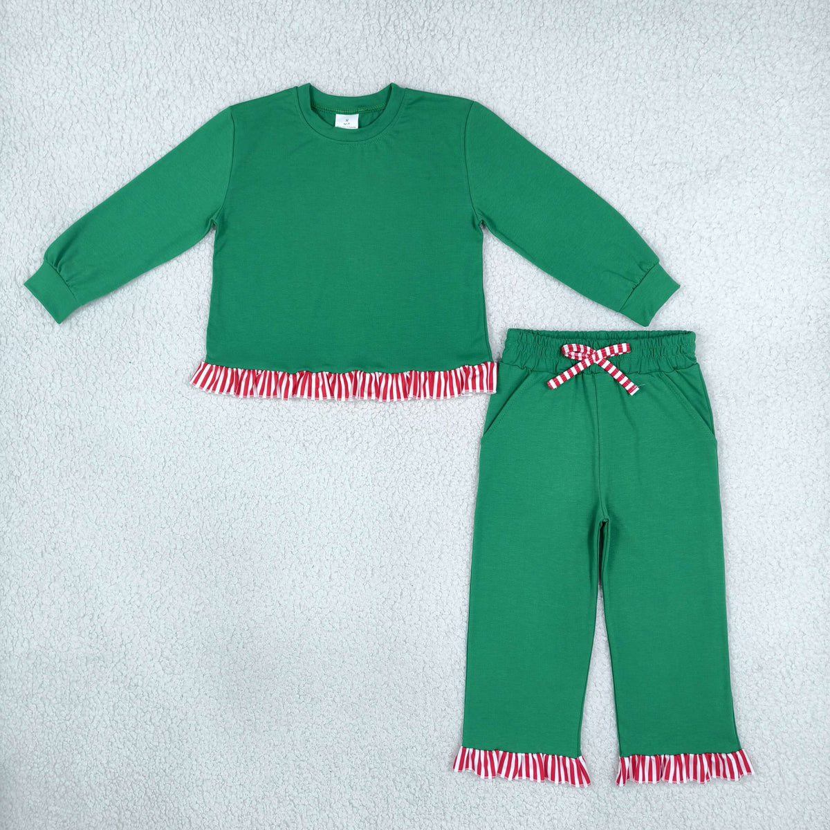 GLP3917 Baby Girls Green Red Stripe Long SLeeve Top Pockets Ruffle Pant Clothes Set