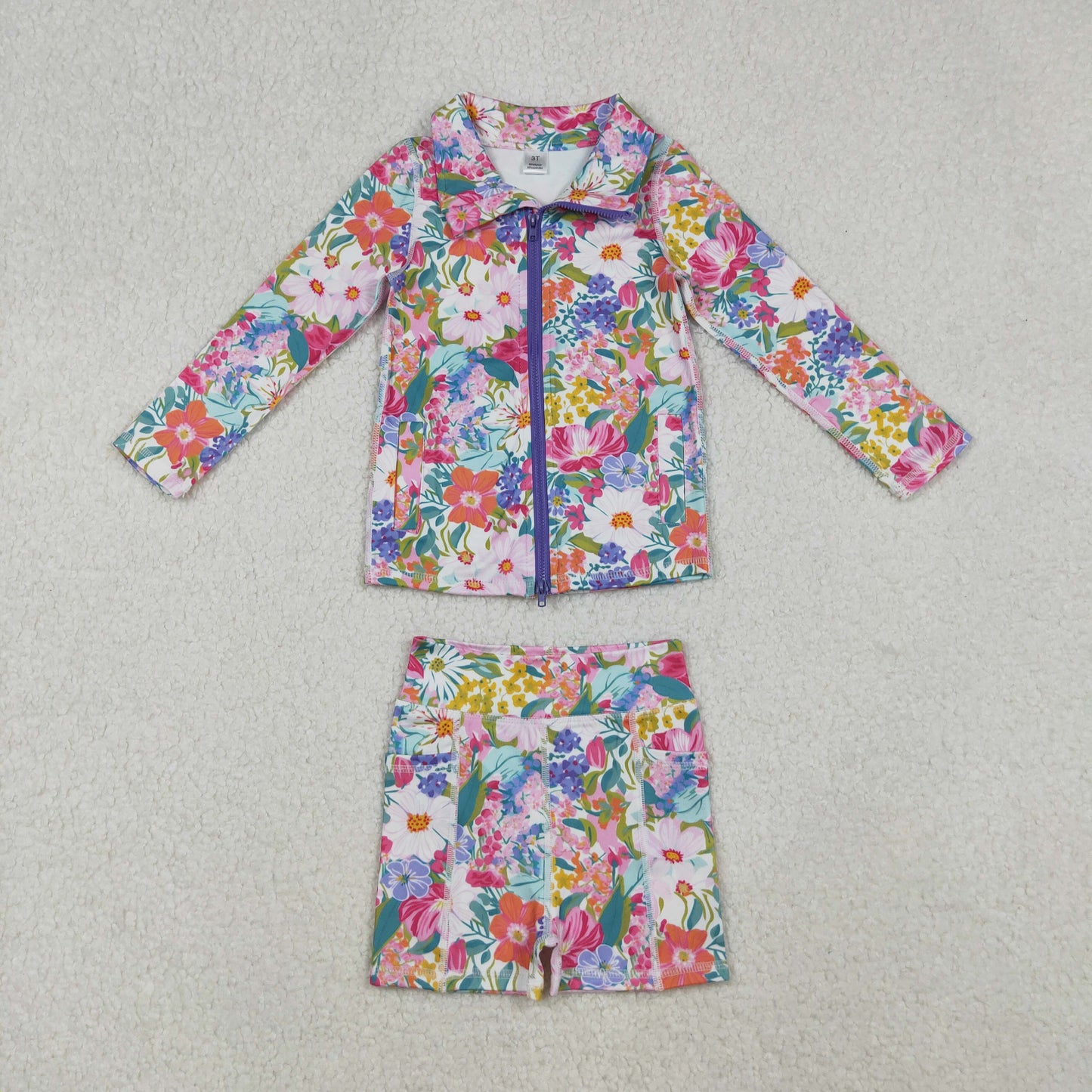 GLS0012 Baby Girls Flowers Zipper Pockets Jacket Biking Shorts Yoga Active Clothes Sets