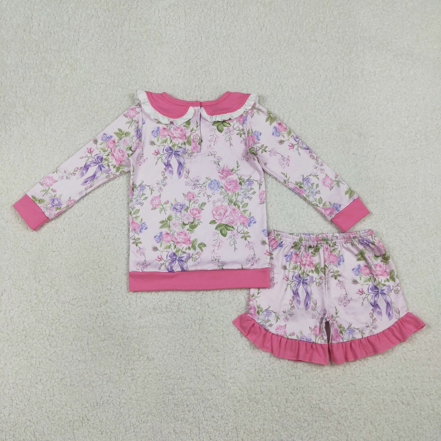 GLS0082 Baby Girls Long Sleeve Colorful Flowers Collar Top Ruffle Shorts Clothes Sets