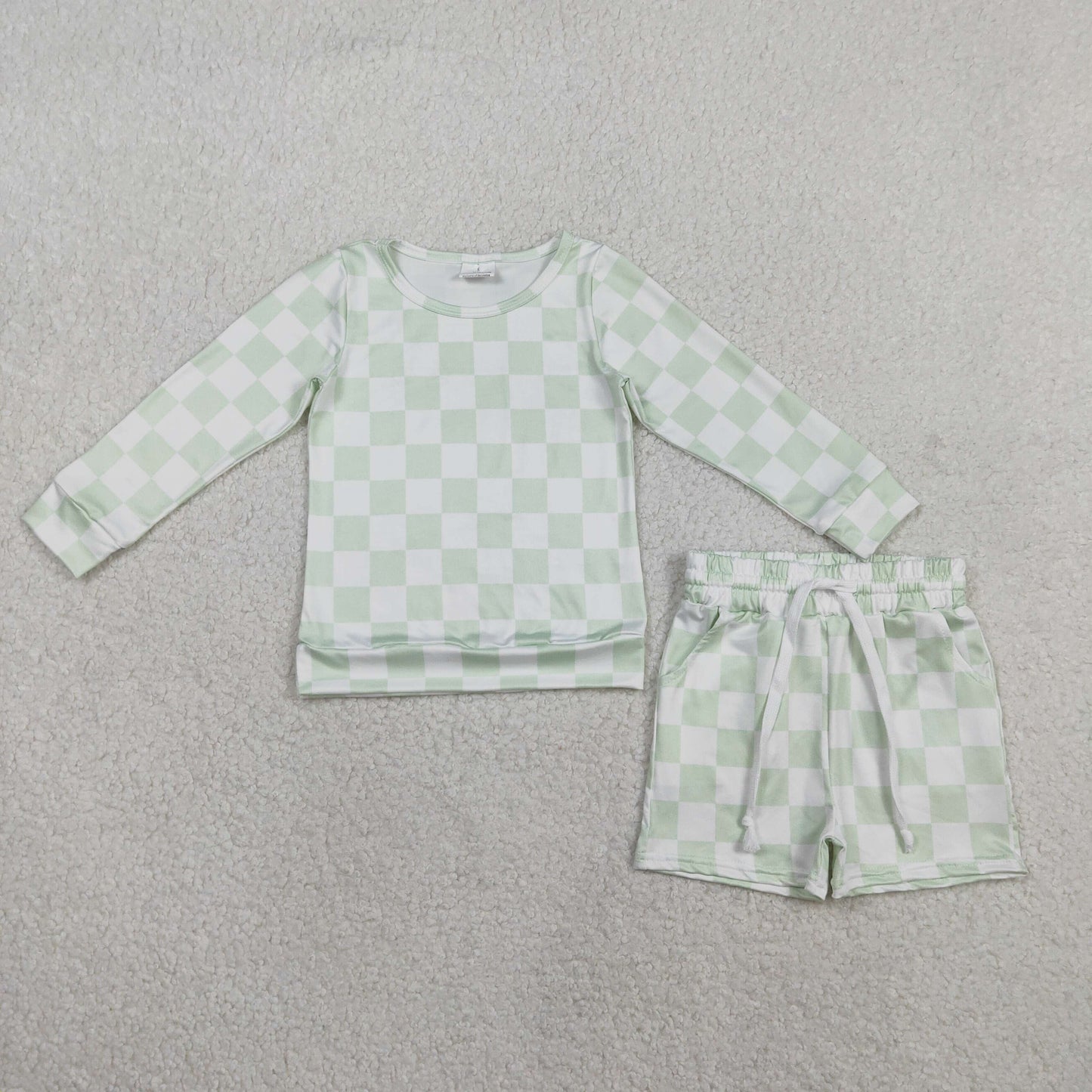 GLS0086 Baby Girls Light Green Checked Long Sleeve Top Pockets Shorts Clothes Sets