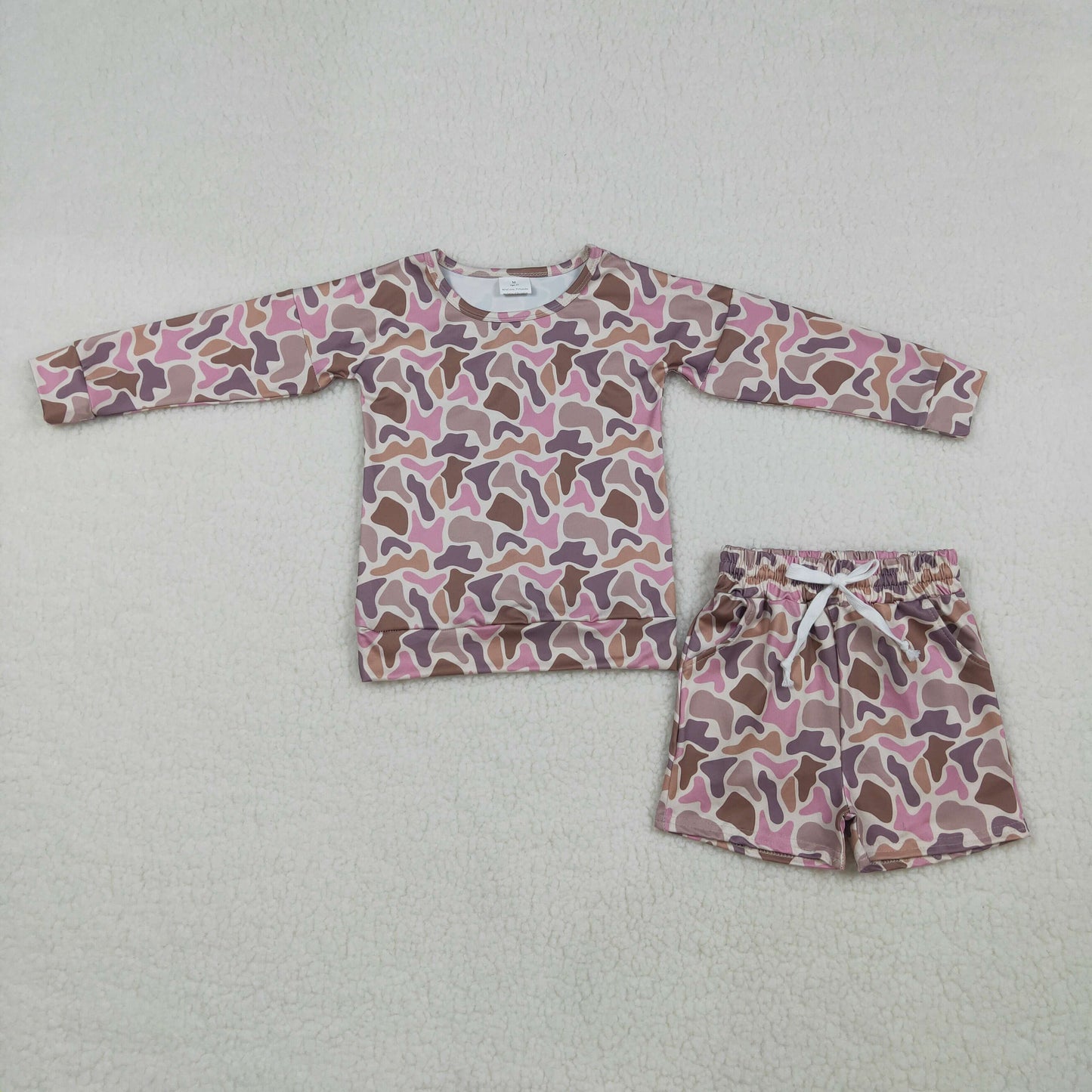 Sibling Baby Girls Long Sleeve Pink Camo Tie-dye Print Top Pockets Short Clothes Sets