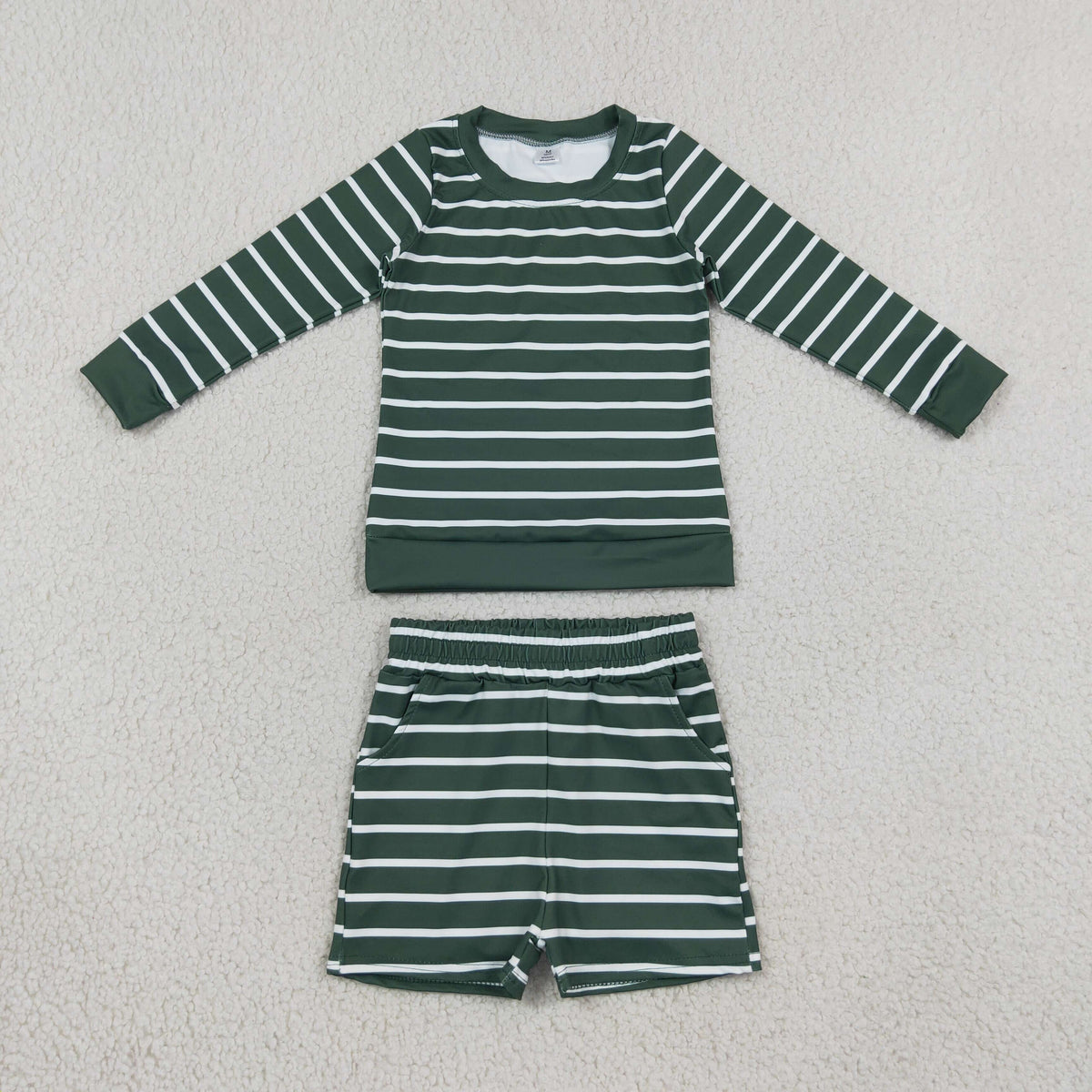 GLS0128 Baby Girls Long Sleeve Green Stripe Top Pockets Short Yoga Active Clothes Set