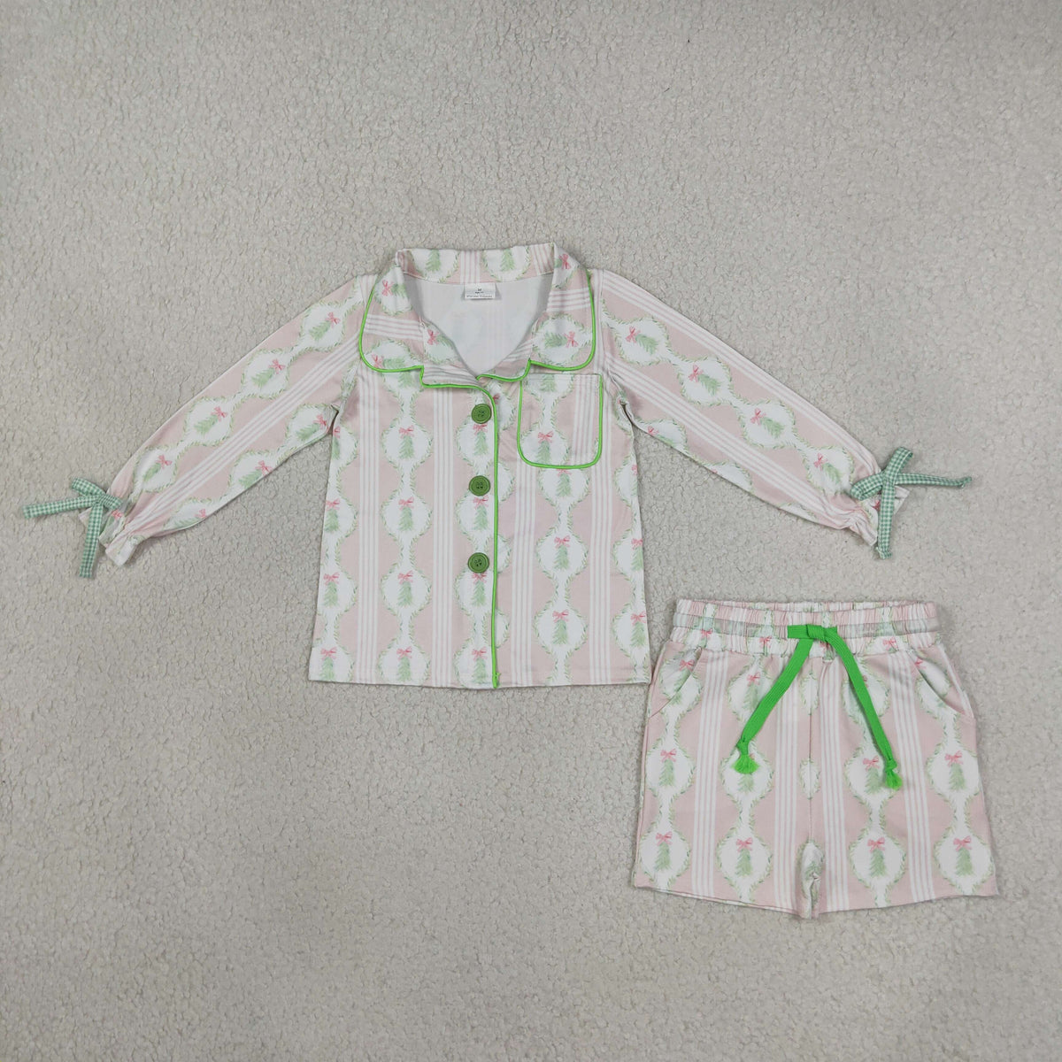 GLS0171 Baby Girls Bows Tree Button Long Sleeve Top Pockets Short Christmas Pajamas Set