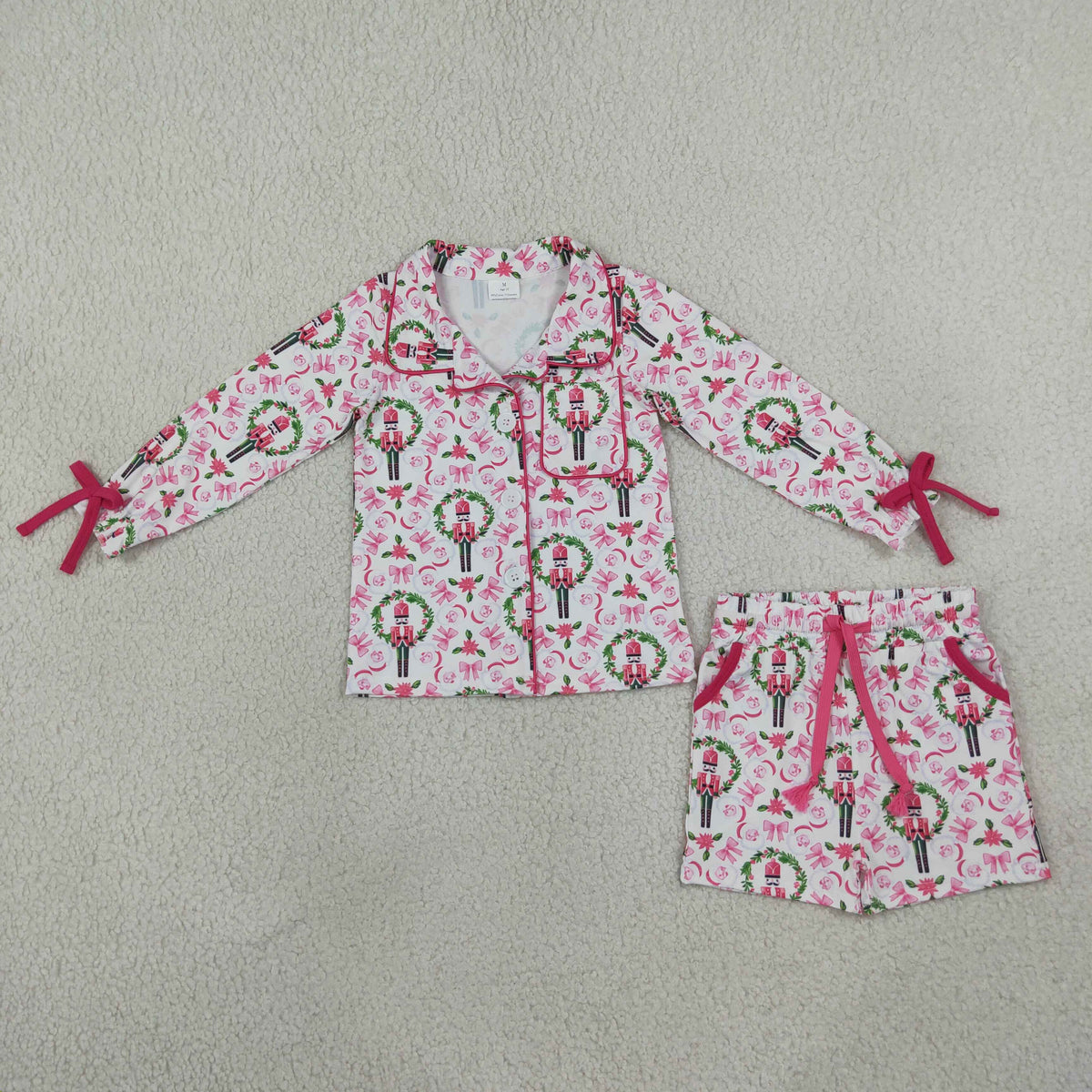 GLS0173 Baby Girls Bows Soldier Button Long Sleeve Top Pocket Short Pajamas Set